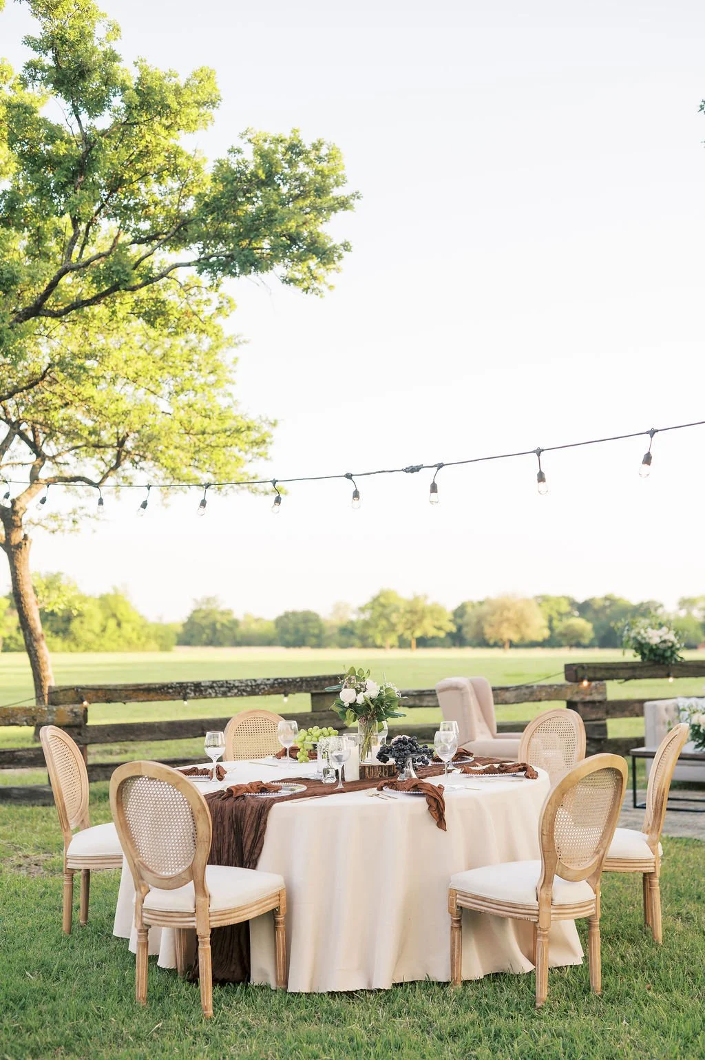Outdoor reception at Peninsula Ranch in DFW.decorated with a white tablecloth, centerpiece, grapes, wine glasses, and plates, with string lights overhead, on a grassy lawn near a wooden fence, with trees and an open field in the background.
