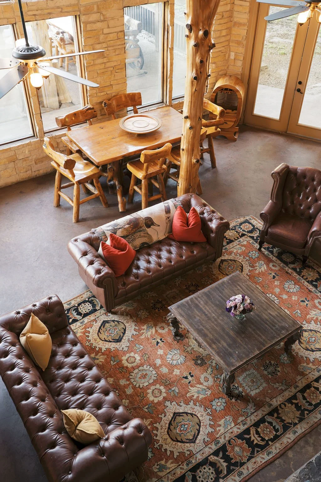 Cozy living room in our hand-built Lodge at Peninsula Ranch in Quinlan Texas