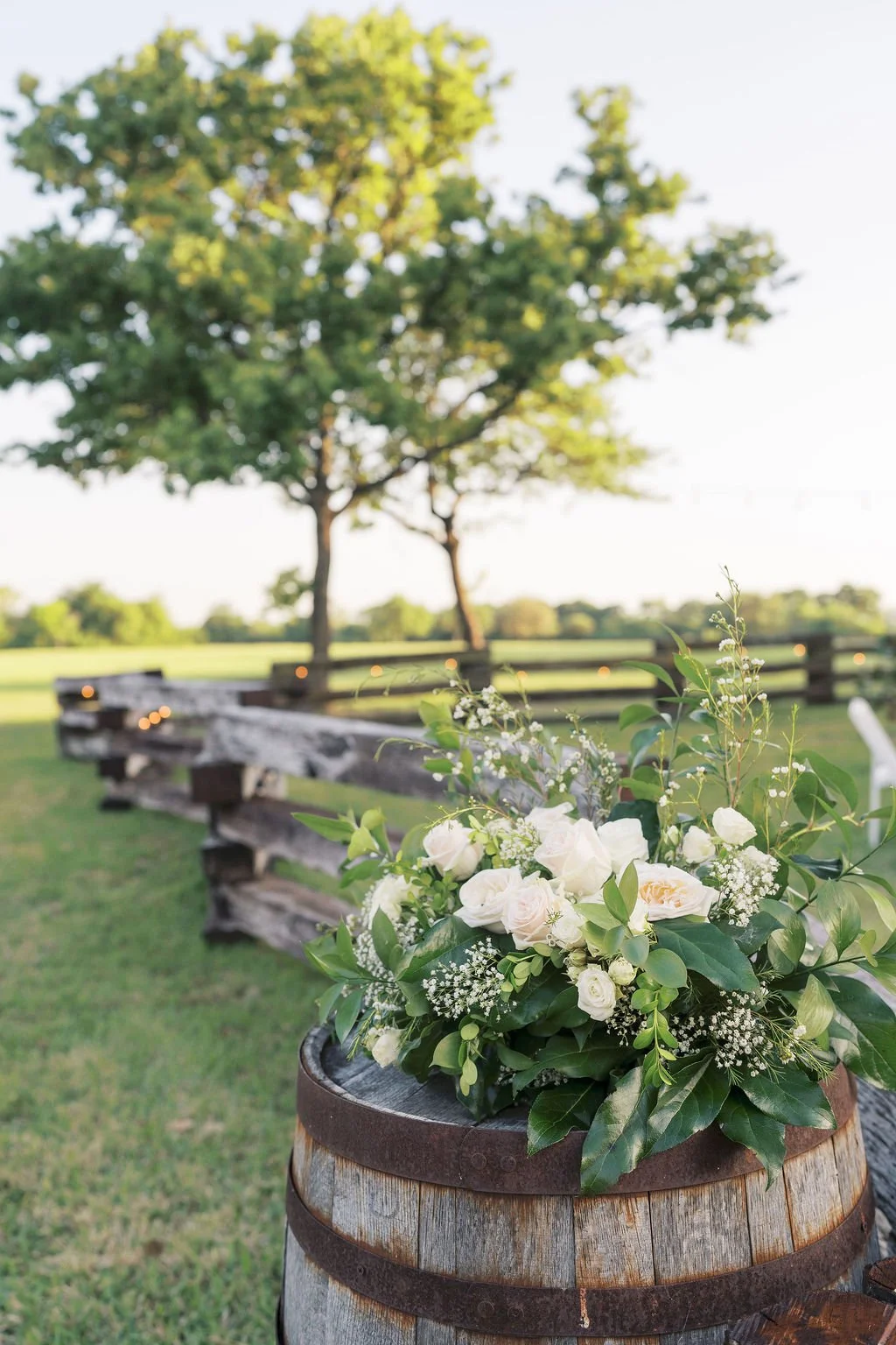 An IZALENA floral arrangement of white roses and greenery in a rustic wooden barrel outside near a wooden fence, with a large tree and open field at Peninsula Ranch in DFW on a sunny day.