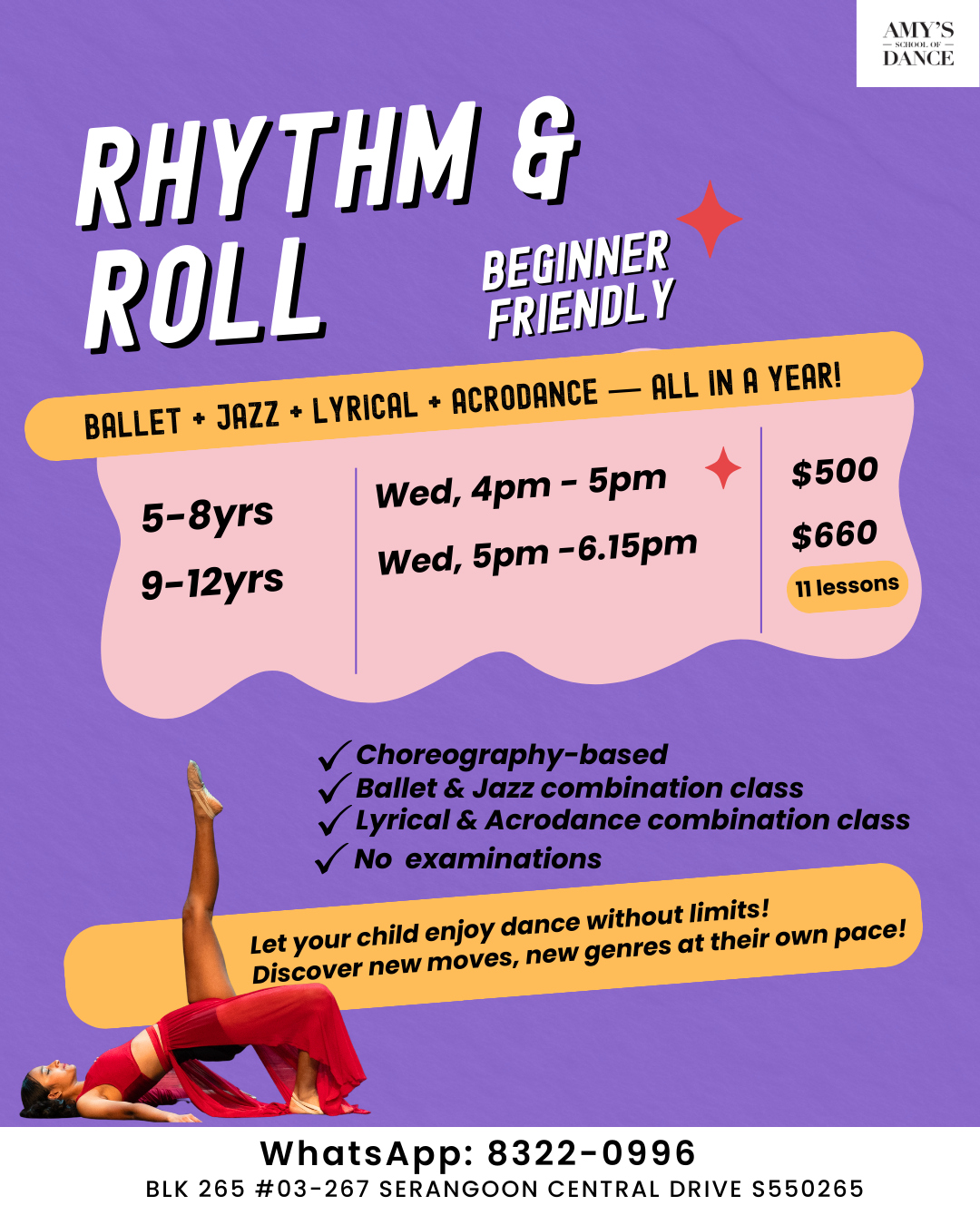 beginner friendly dance class, lyrical dance class, acrodance for kids, no exam classes, serangoon central dance school