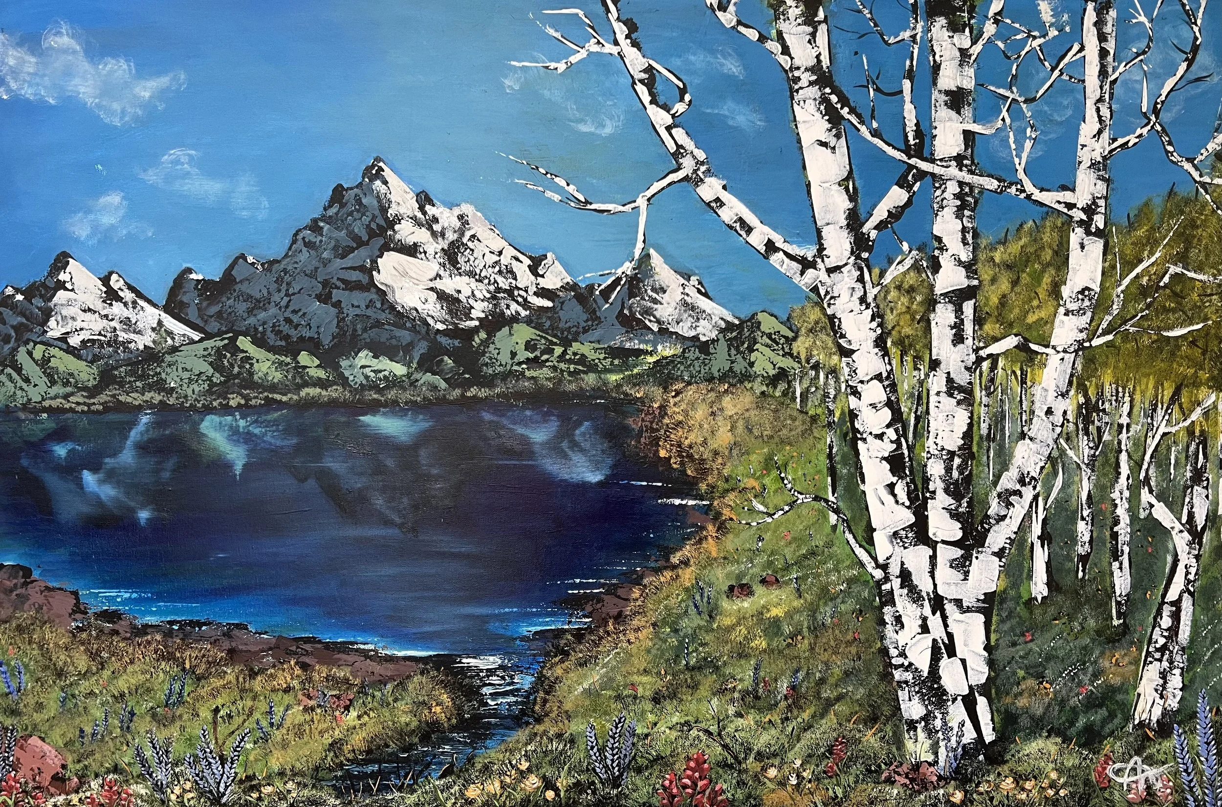 Scenic landscape painting with snow-capped mountains, a blue lake, birch trees, and a grassy meadow.