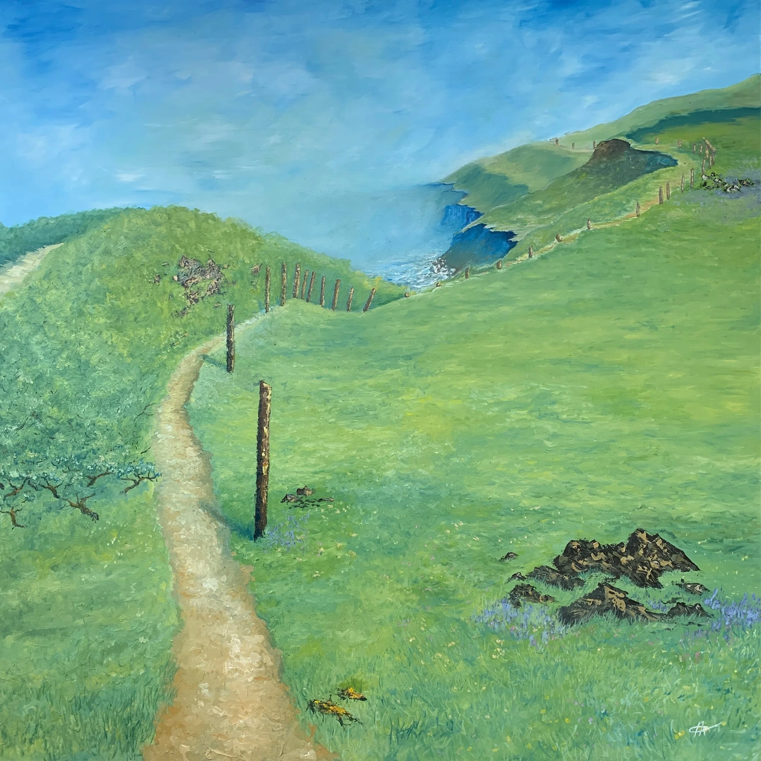 Painting of a scenic landscape featuring a dirt path winding through green hills, with a view of the ocean in the distance under a clear blue sky.