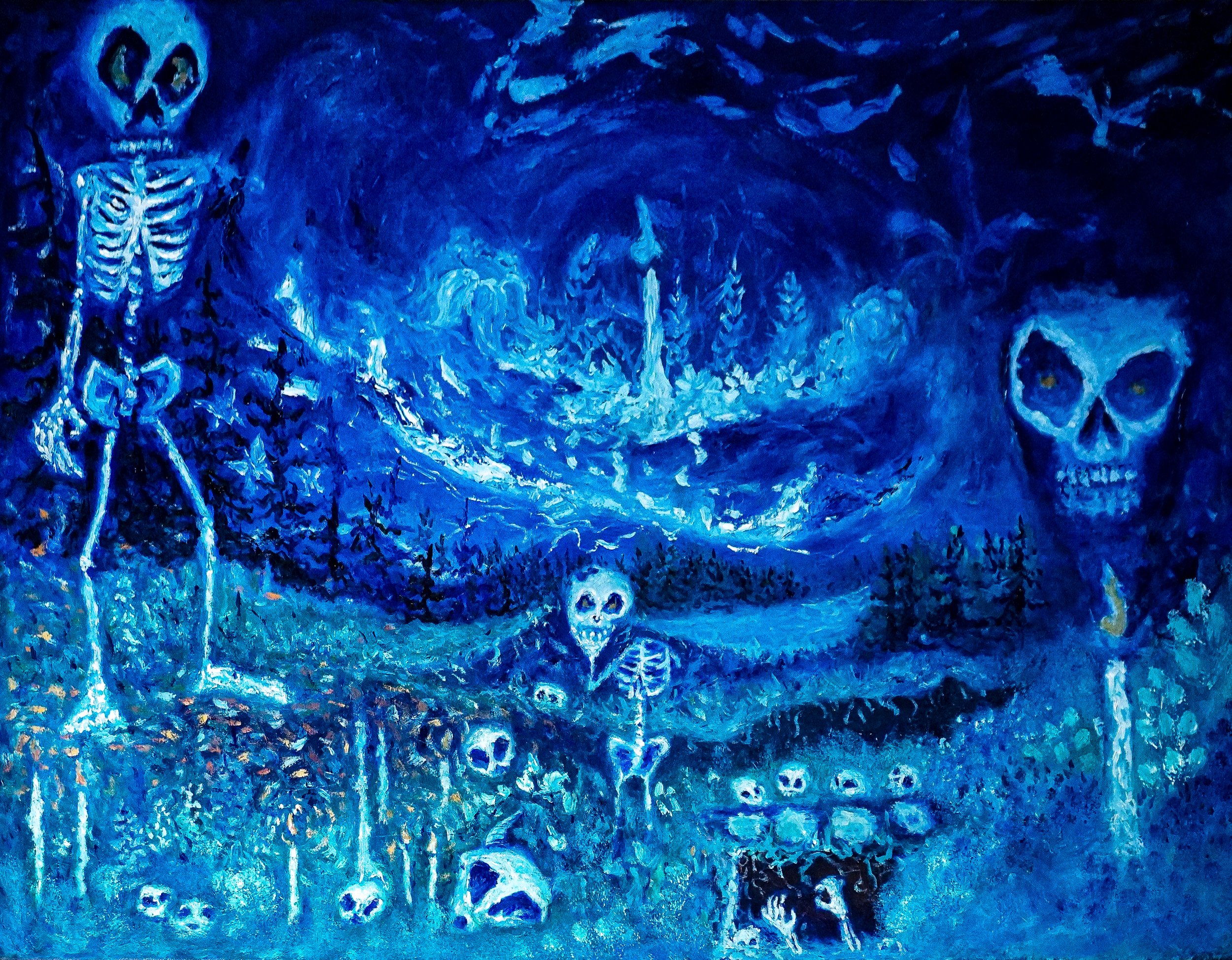 Surreal artwork depicting skeletal figures and skulls in a blue-toned landscape with trees and a swirling sky.