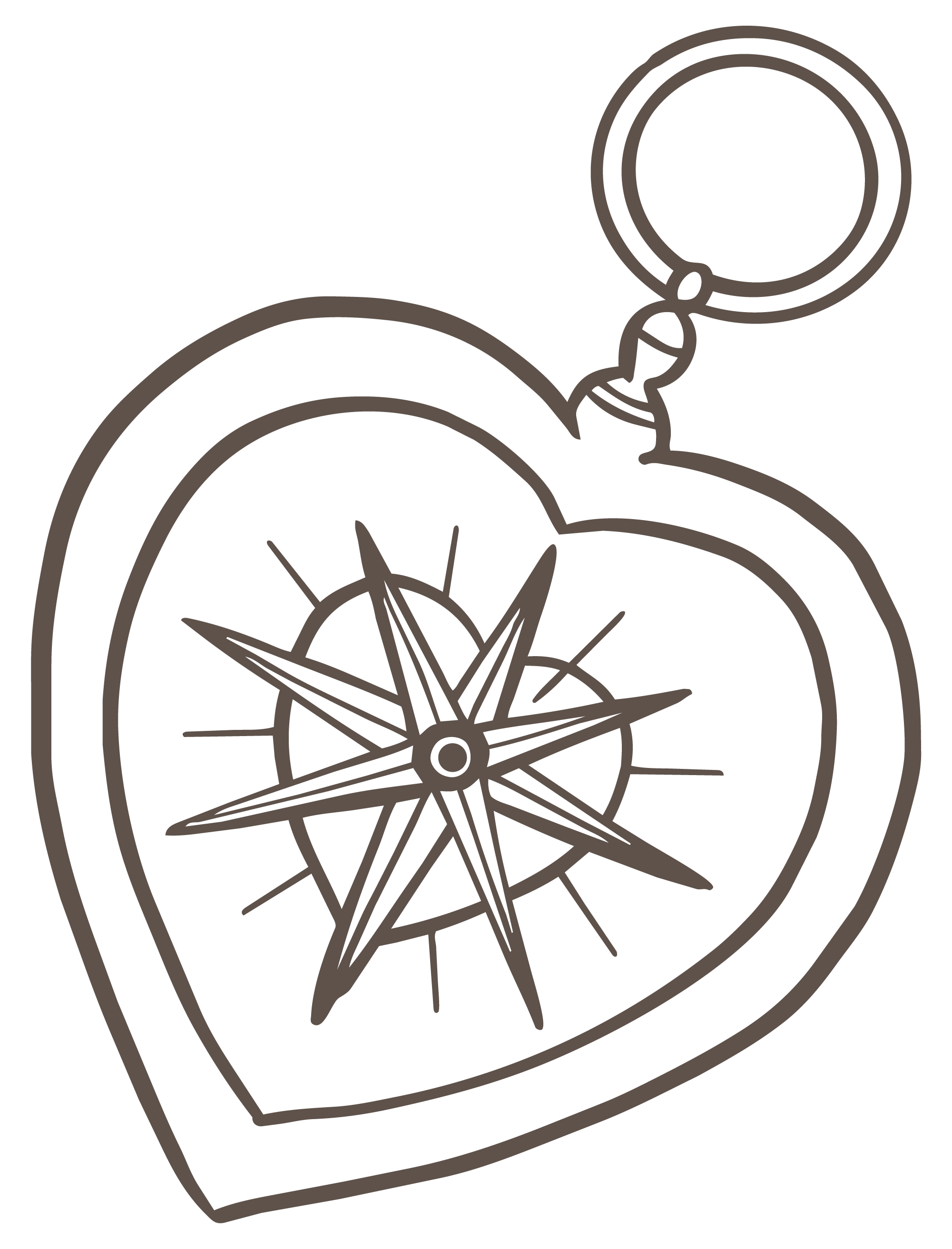 Outline drawing of a wristwatch with a compass in the watch face, a round crown on the side, and a leather strap.