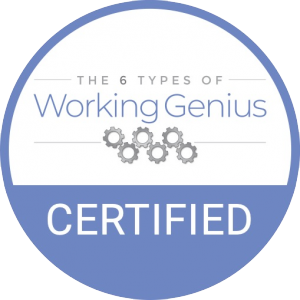 Badge or certification seal titled ‘The 6 Types of Working Genius Certified’ with gear icons.