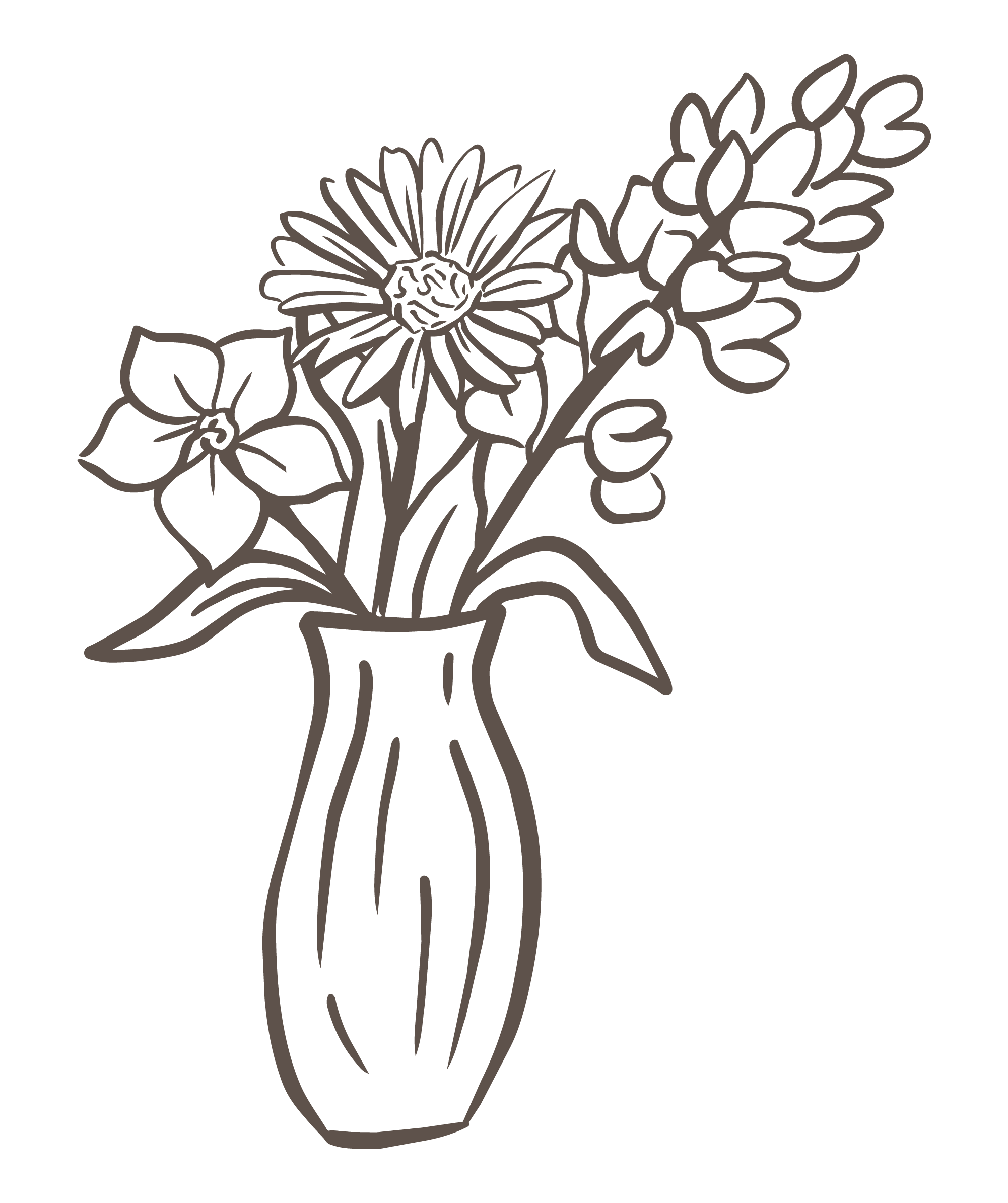 Line drawing of a flower arrangement in a vase, featuring large blossoms, smaller buds, and leafy stems.