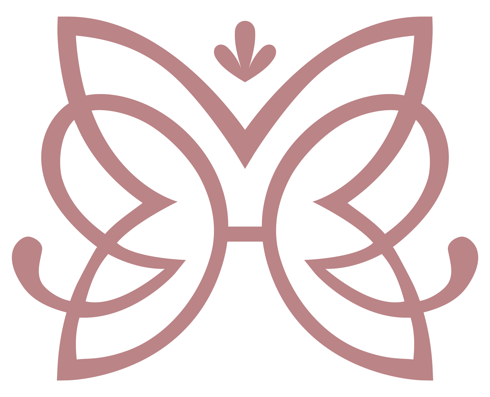 Line drawing of a flower with symmetrical petals and leaves in a light brown color.