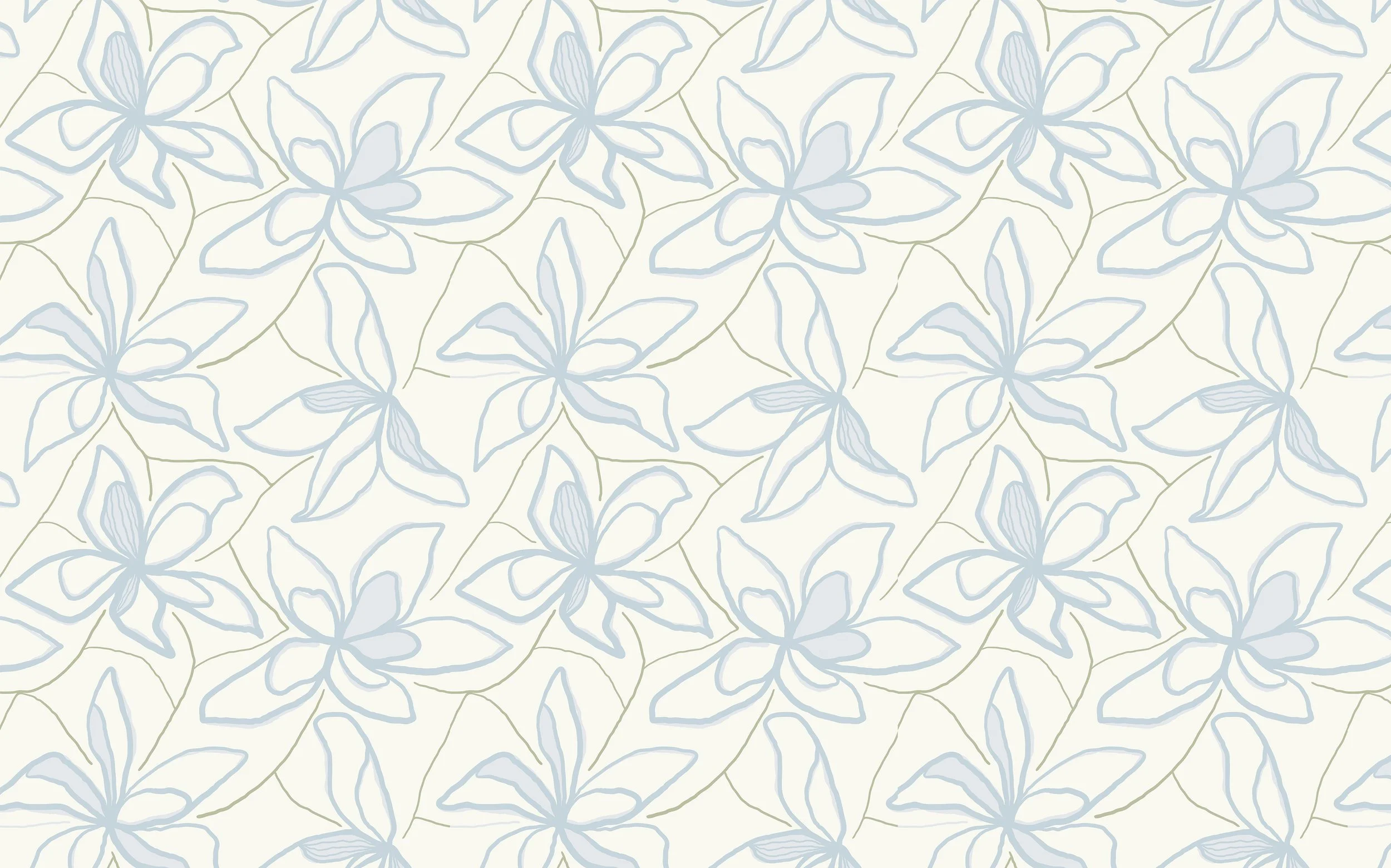 A pattern of blue and white flowers with green stems on a light background.