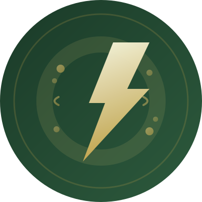A stylized green circular icon featuring a yellow lightning bolt in the center, with additional design elements around it.