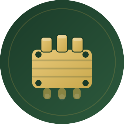 Icon of a circuit board with three tall components and two small circular connectors.