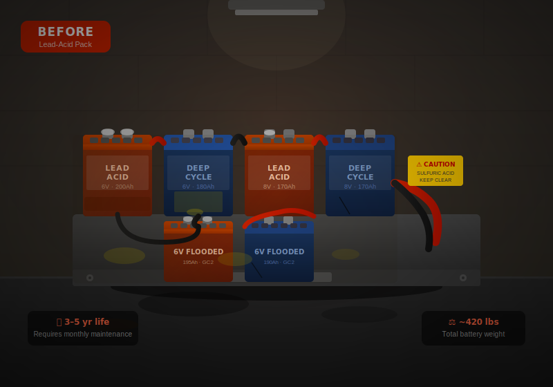 Diagram of a lead-acid battery system showing before maintenance, with labeled batteries including lead acid, deep cycle, and flooded batteries, as well as caution and maintenance information.