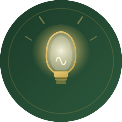 Illustration of a light bulb inside a circular gauge or dial, with a small pencil or pen in the bottom right corner.