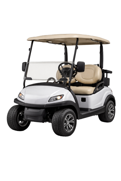 A white golf cart with beige seats and a beige canopy, against a black background.