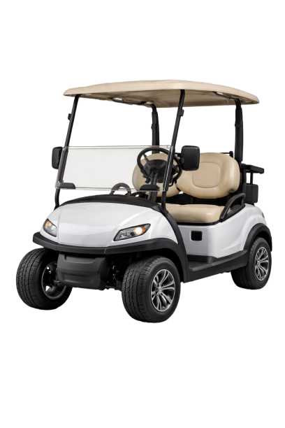A white golf cart with a beige interior and black accents