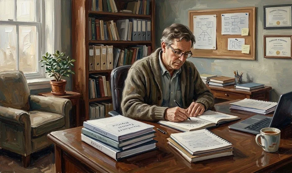 Man working at a wooden desk, writing in a journal.