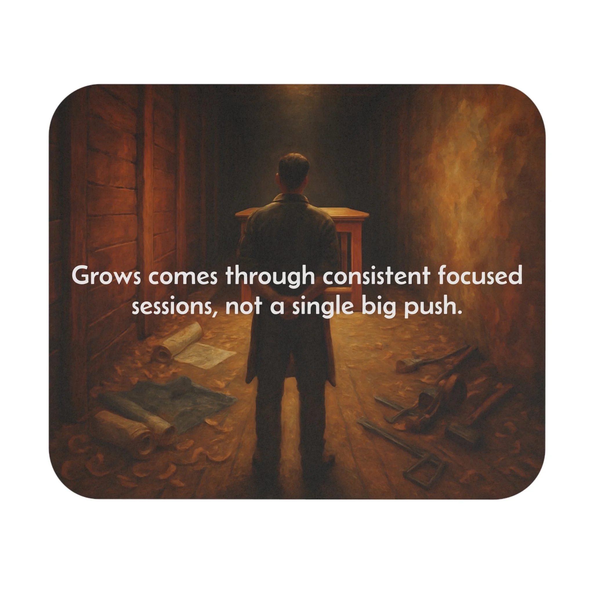 “Motivational mouse pad with warm desk scene and non-slip base.