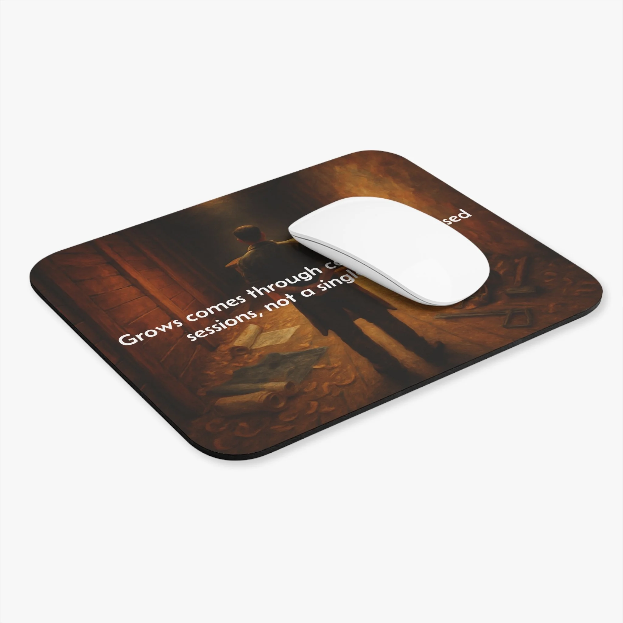 “Motivational mouse pad with warm desk scene and non-slip base.