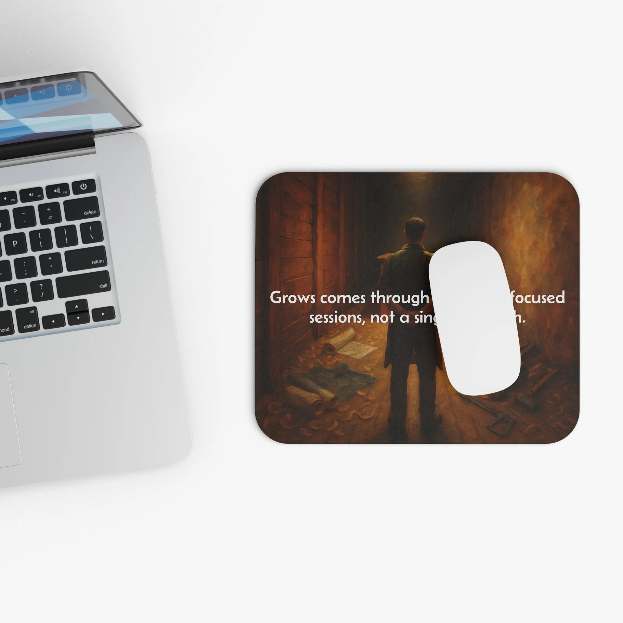 “Motivational mouse pad with warm desk scene and non-slip base.
