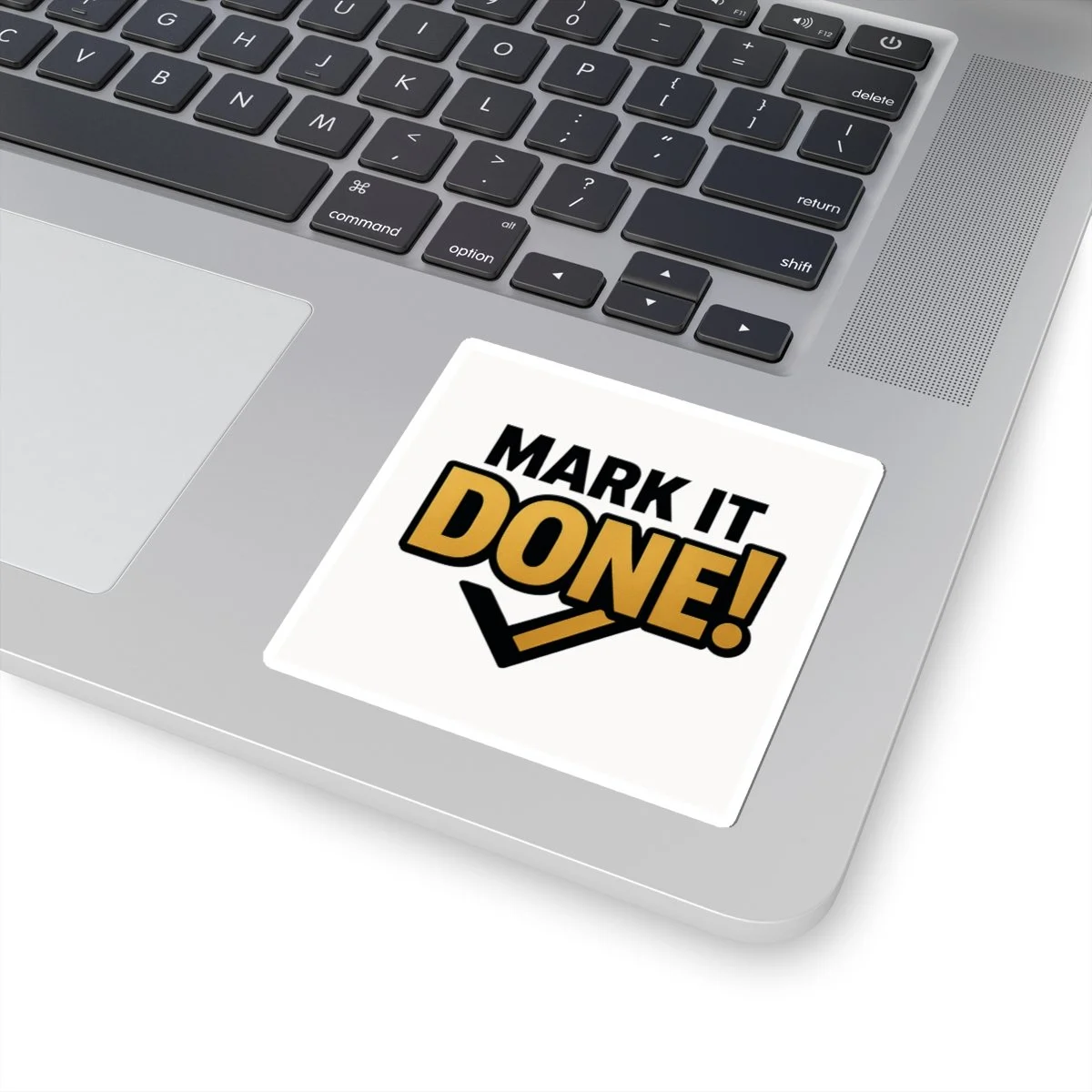 Mark It Done motivational kiss-cut vinyl sticker in black and gold, glossy finish, check-mark accent