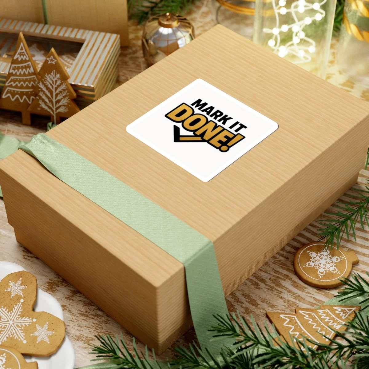 Mark It Done motivational kiss-cut vinyl sticker in black and gold, glossy finish, check-mark accent