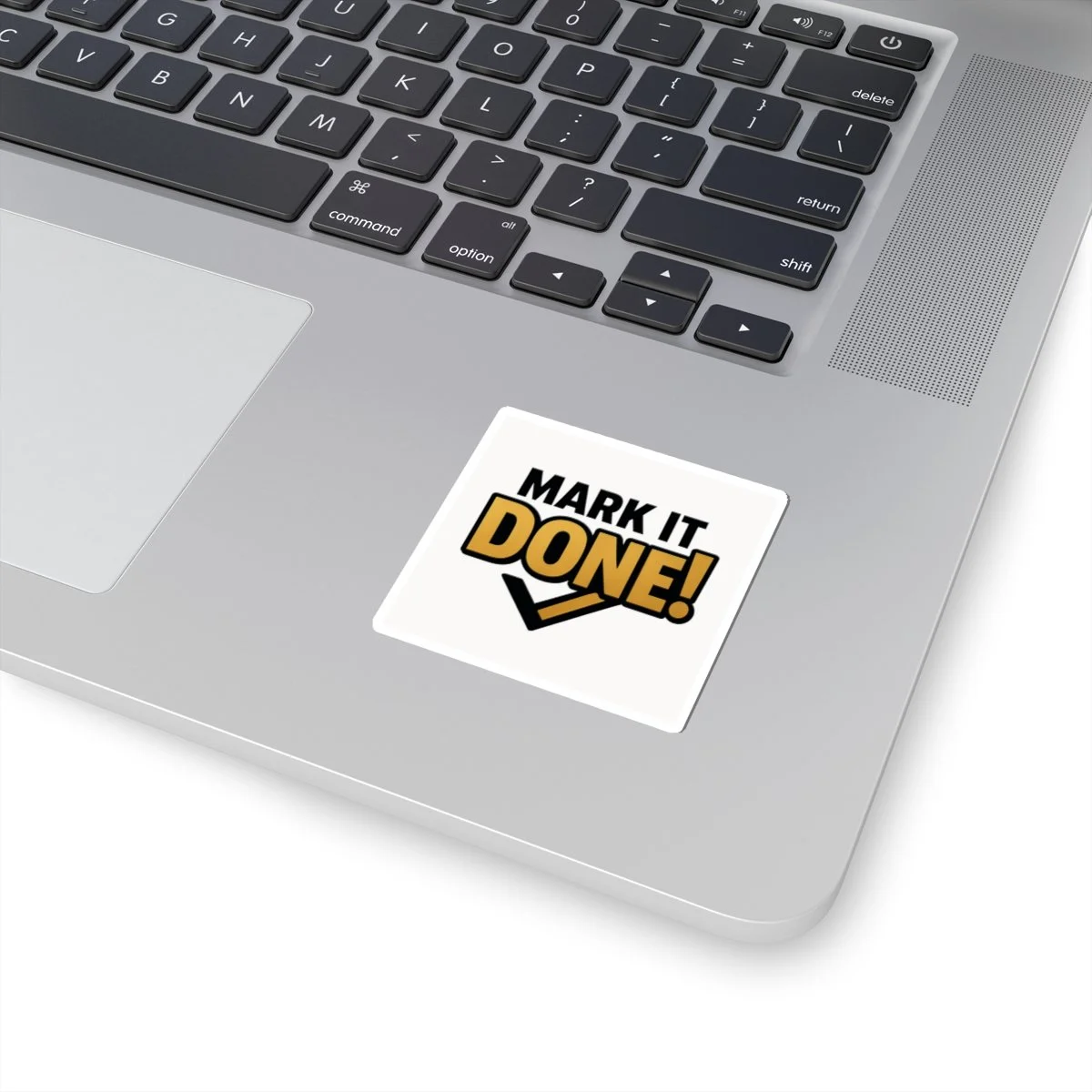 Mark It Done motivational kiss-cut vinyl sticker in black and gold, glossy finish, check-mark accent