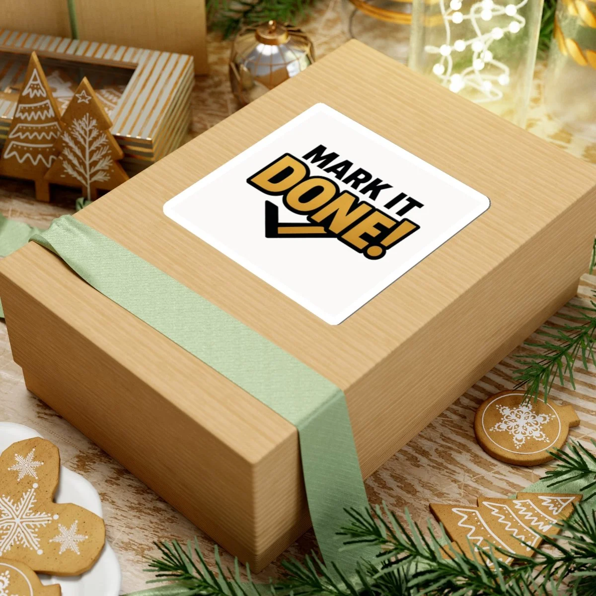 Mark It Done motivational kiss-cut vinyl sticker in black and gold, glossy finish, check-mark accent