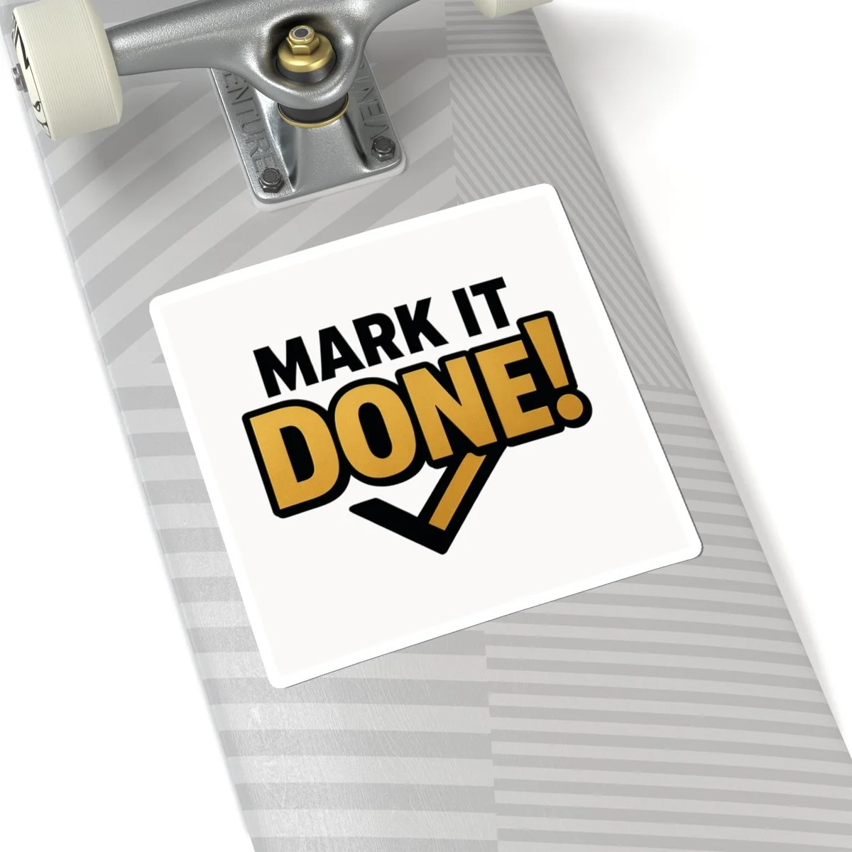 Mark It Done motivational kiss-cut vinyl sticker in black and gold, glossy finish, check-mark accent
