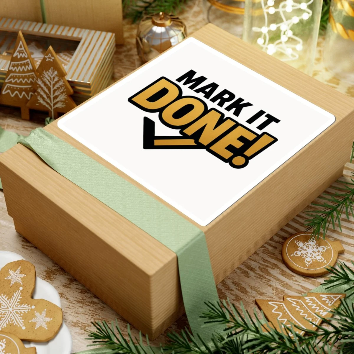 Mark It Done motivational kiss-cut vinyl sticker in black and gold, glossy finish, check-mark accent