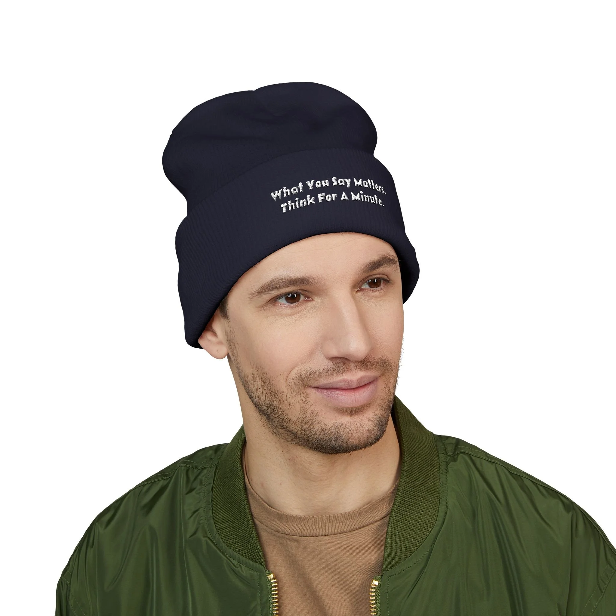 What You Say Matters Embroidered Cuffed Beanie | Navy Knit Hat