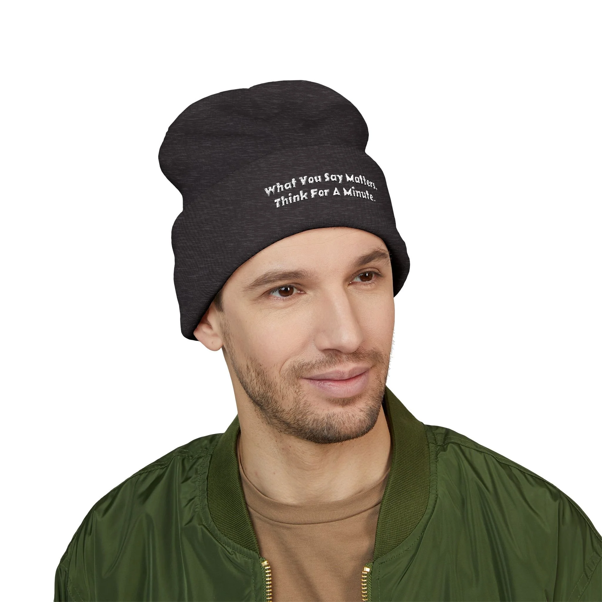 What You Say Matters Embroidered Cuffed Beanie | Dark Grey Knit Hat