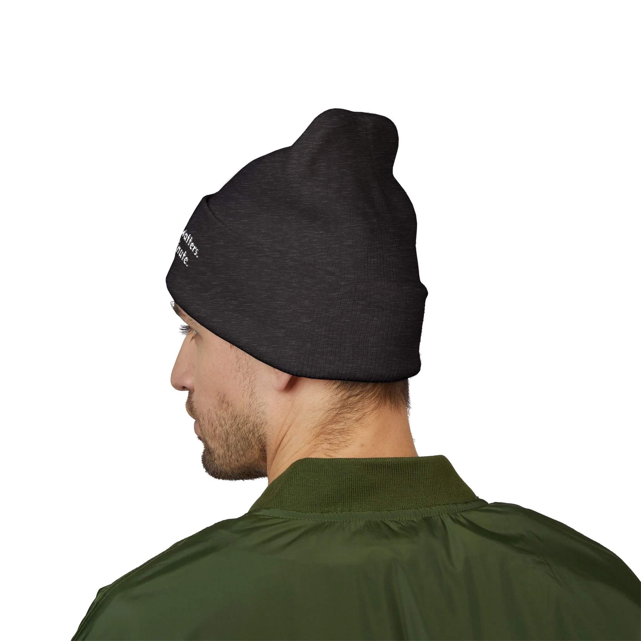 What You Say Matters Embroidered Cuffed Beanie | Dark Grey Knit Hat