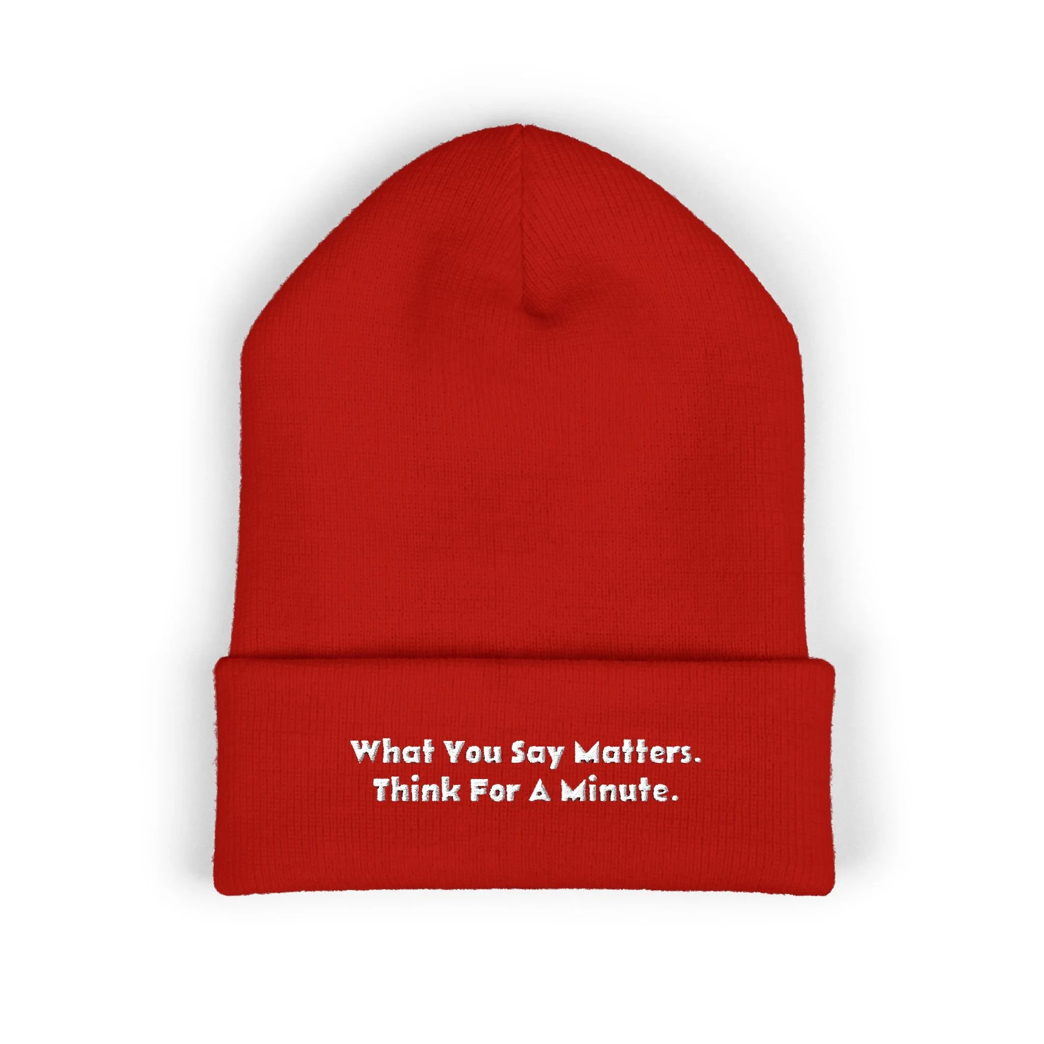 What You Say Matters Embroidered Cuffed Beanie | Red  Knit Hat