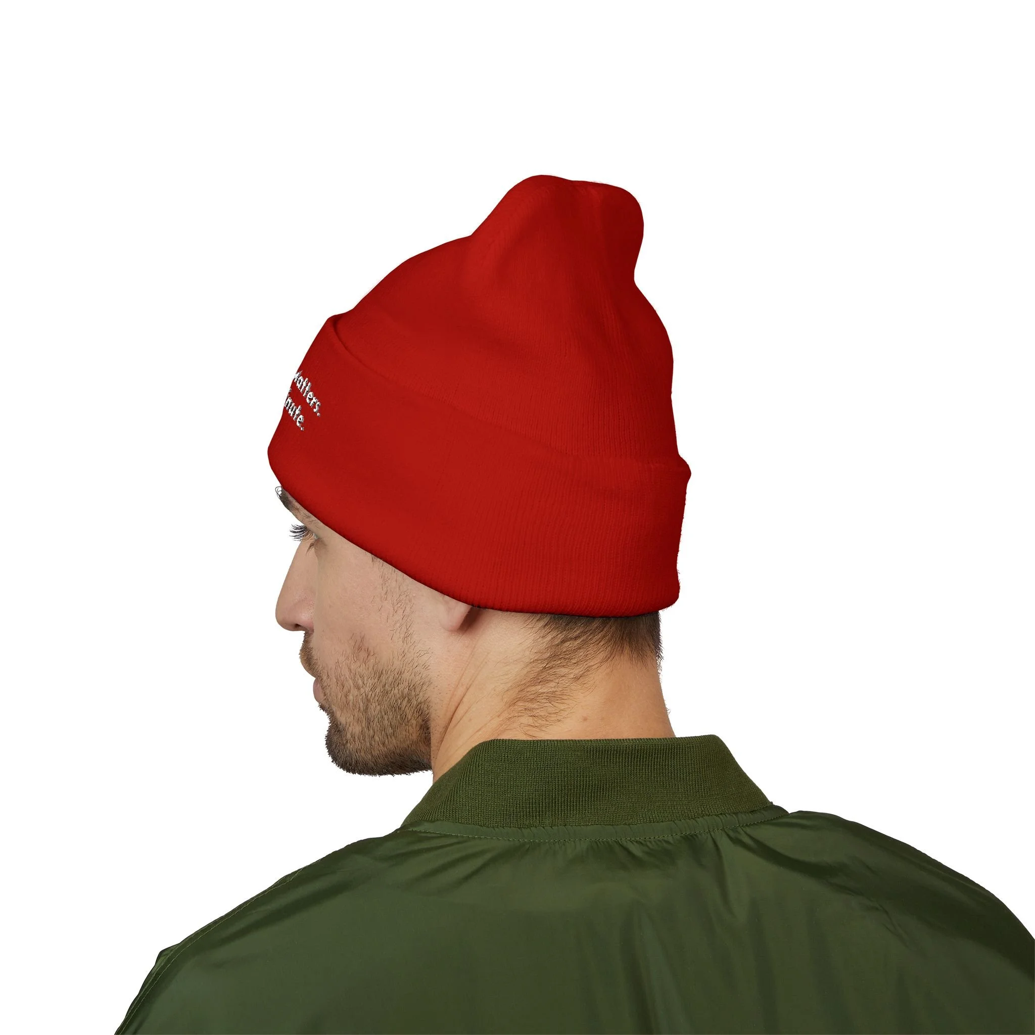What You Say Matters Embroidered Cuffed Beanie | Red  Knit Hat
