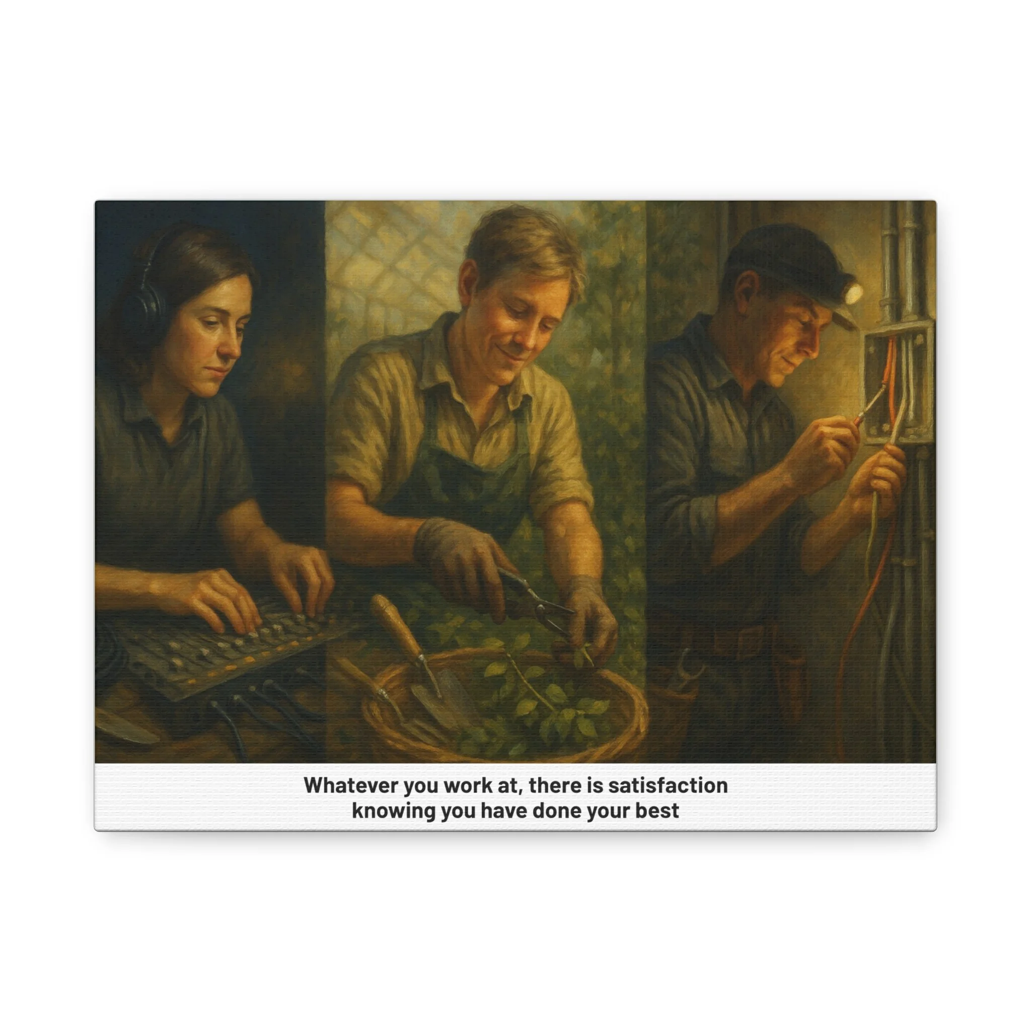 Worker tribute matte canvas—three scenes of everyday labor with inspirational ‘do your best’ line.