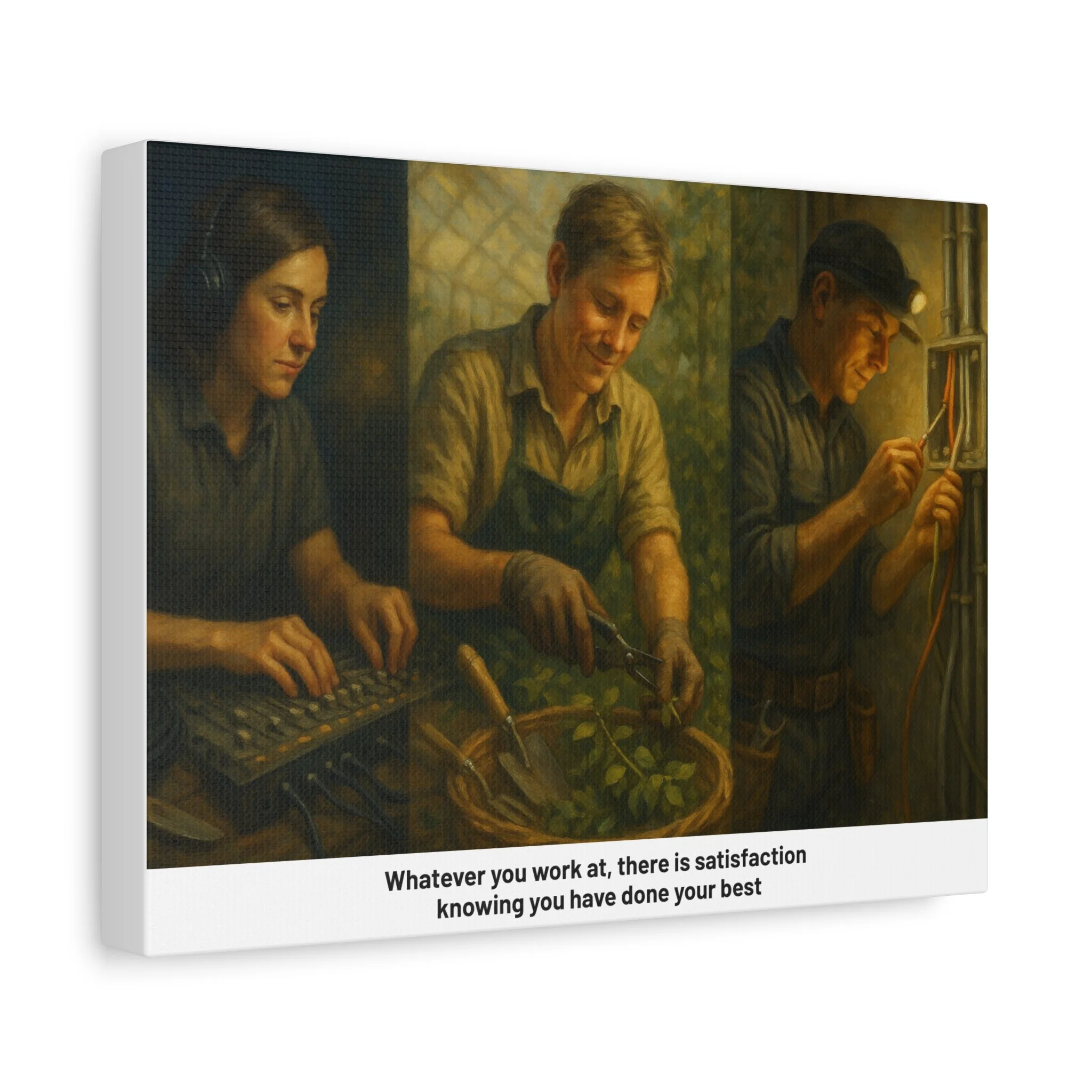 Worker tribute matte canvas—three scenes of everyday labor with inspirational ‘do your best’ line.