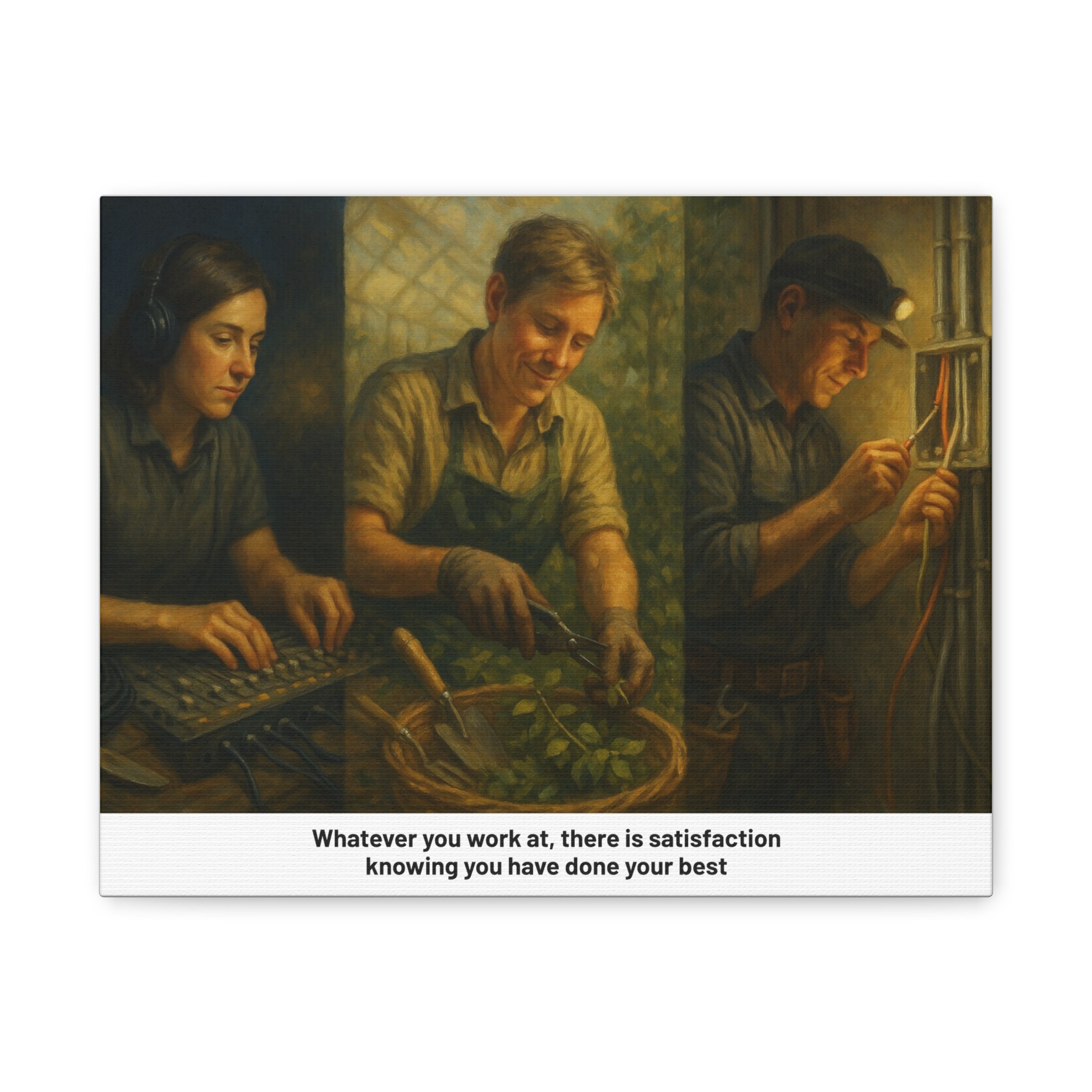 Worker tribute matte canvas—three scenes of everyday labor with inspirational ‘do your best’ line.