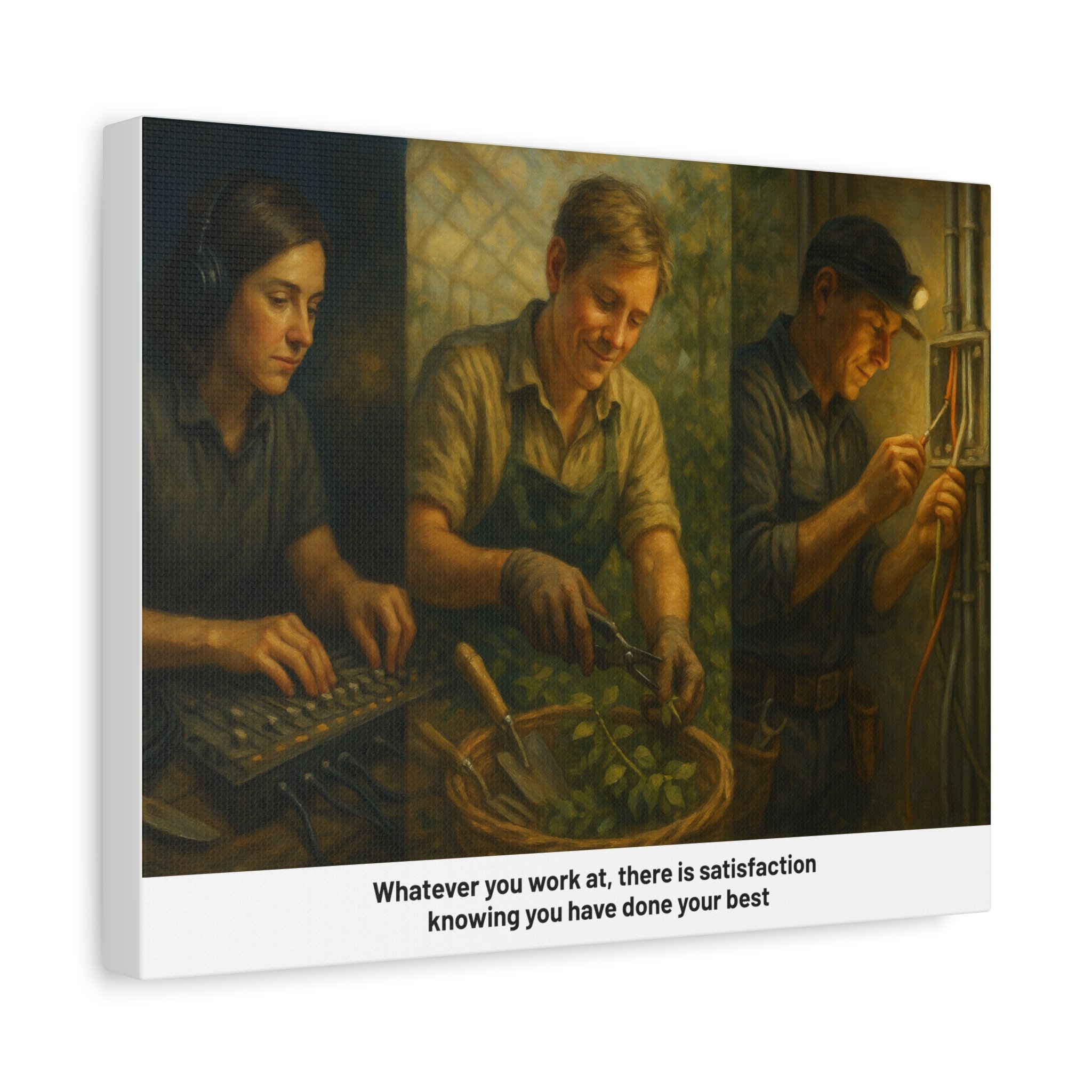 Worker tribute matte canvas—three scenes of everyday labor with inspirational ‘do your best’ line.