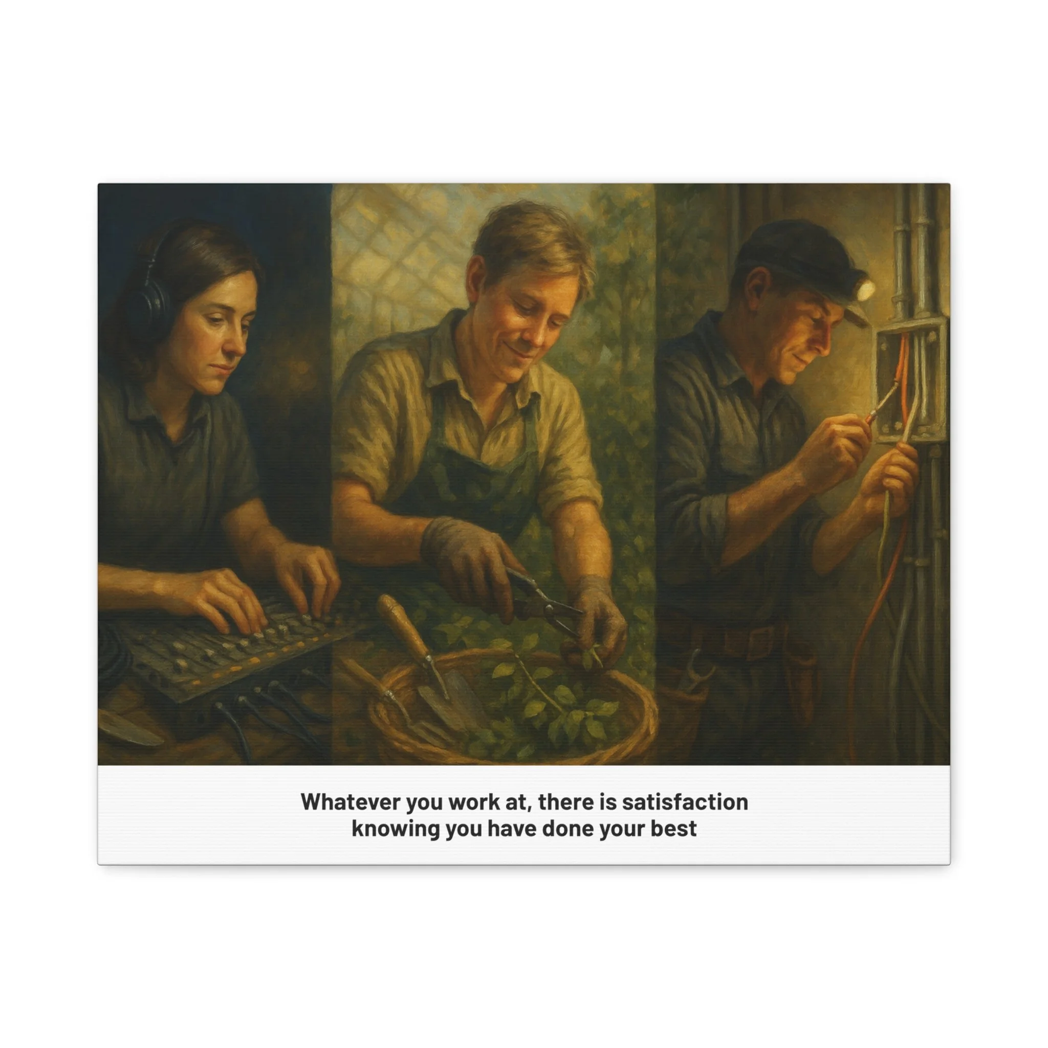 Worker tribute matte canvas—three scenes of everyday labor with inspirational ‘do your best’ line.