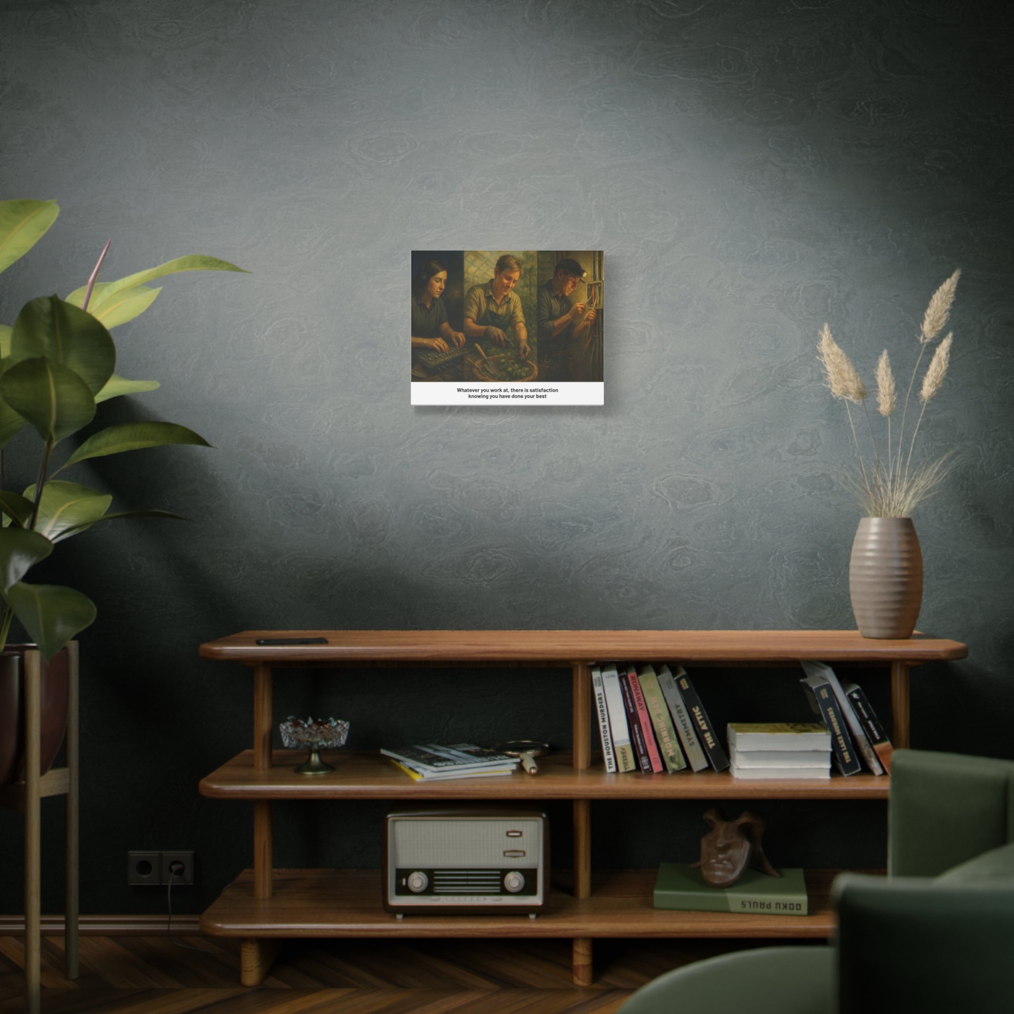 Worker tribute matte canvas—three scenes of everyday labor with inspirational ‘do your best’ line.