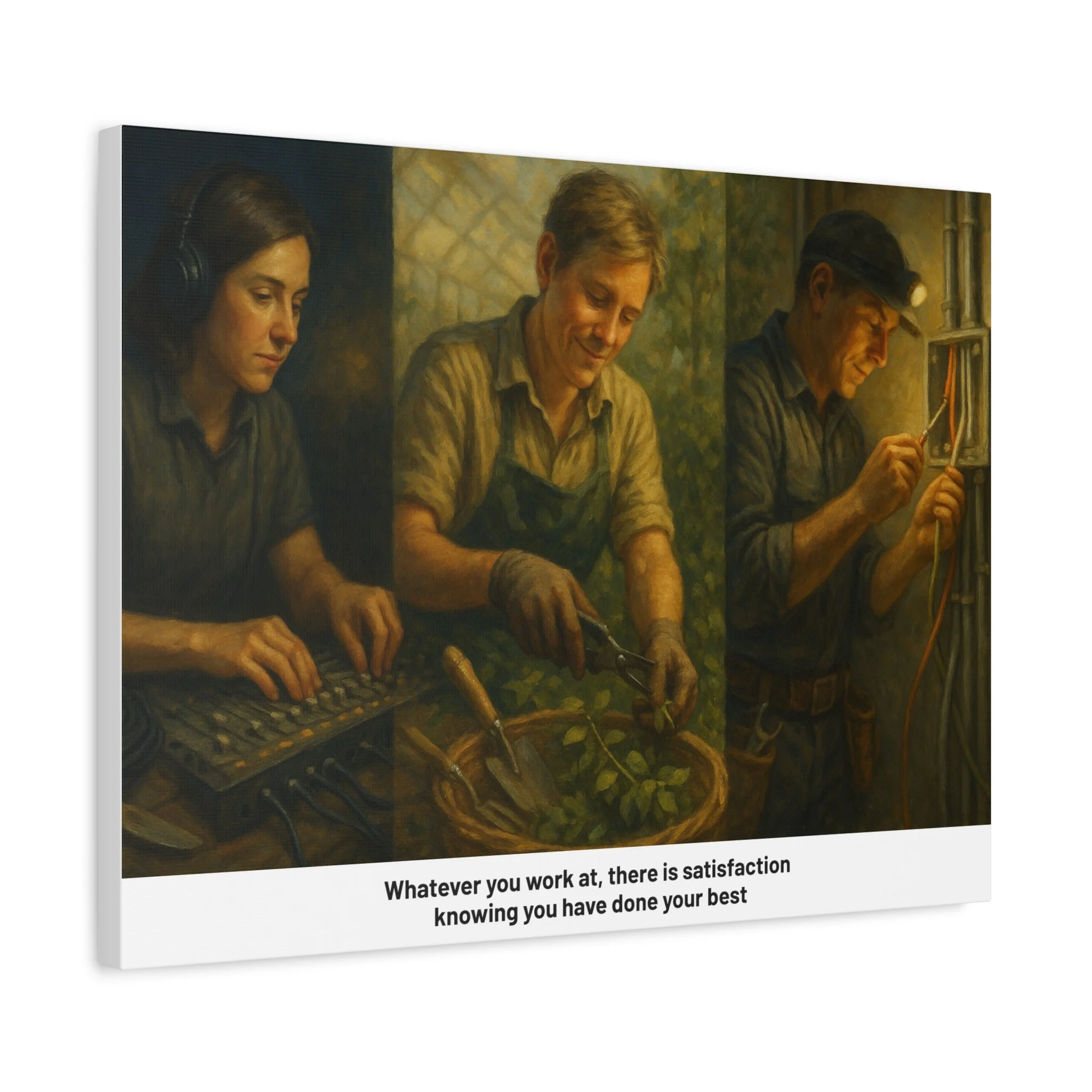 Worker tribute matte canvas—three scenes of everyday labor with inspirational ‘do your best’ line.