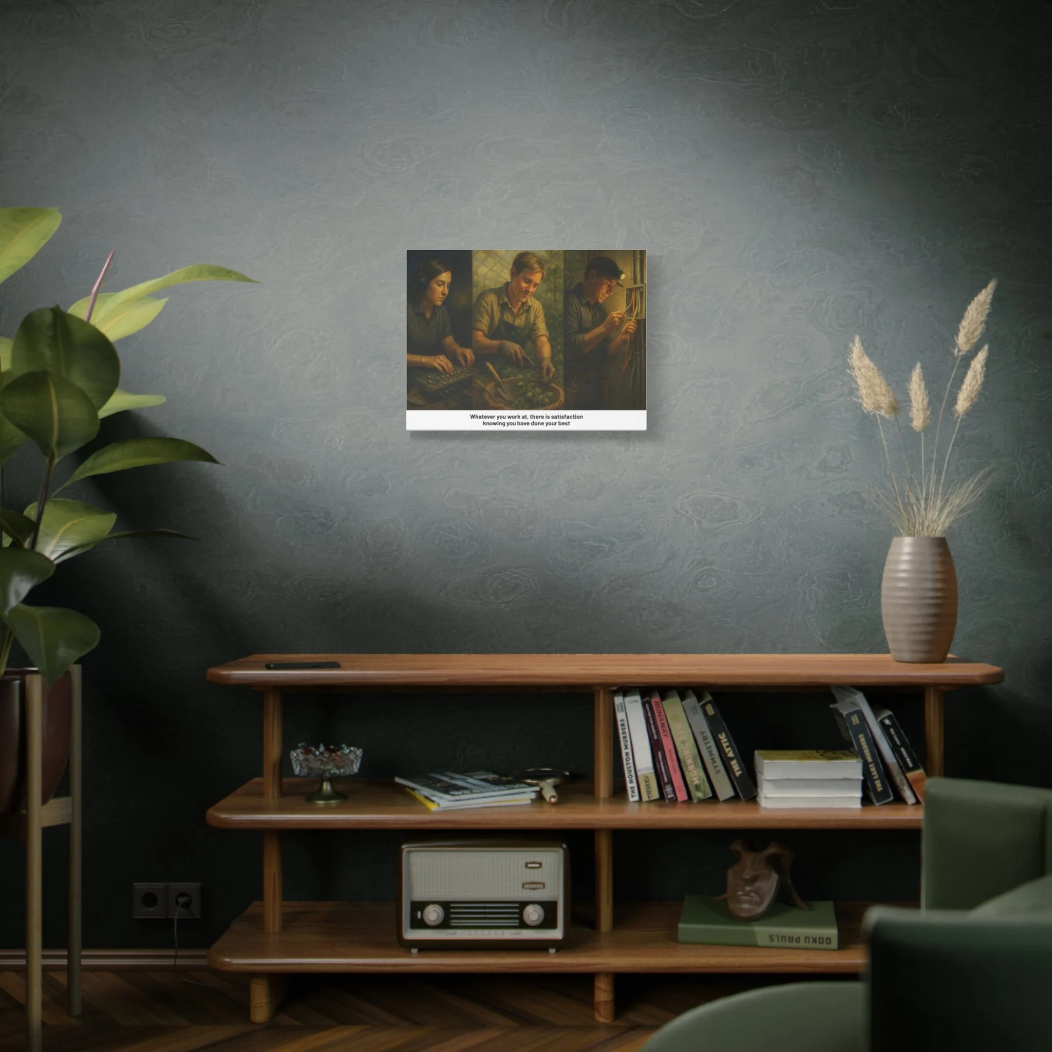 Worker tribute matte canvas—three scenes of everyday labor with inspirational ‘do your best’ line.