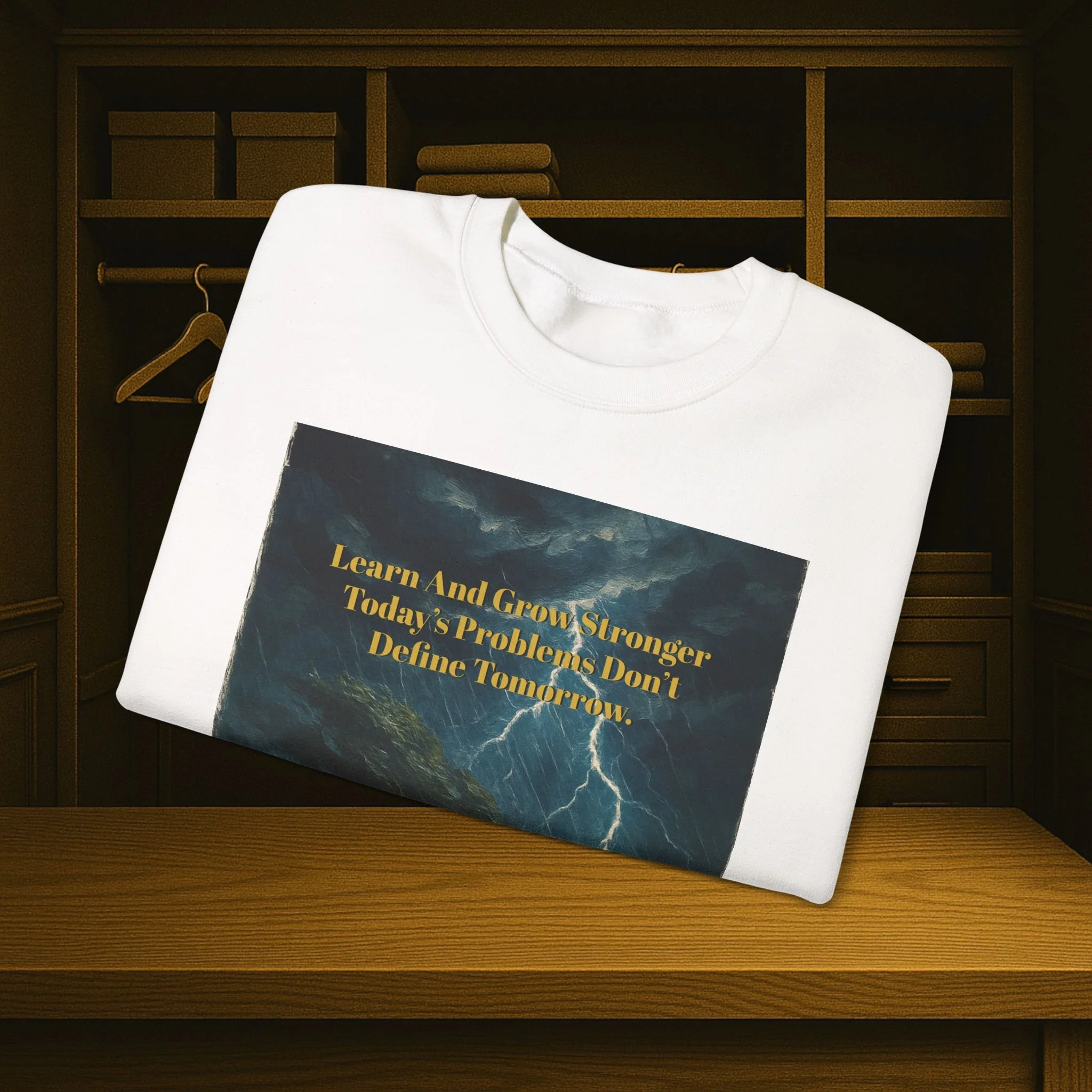 Unisex crewneck sweatshirt reading “Learn and Grow Stronger—Today’s Problems Don’t Define Tomorrow.”