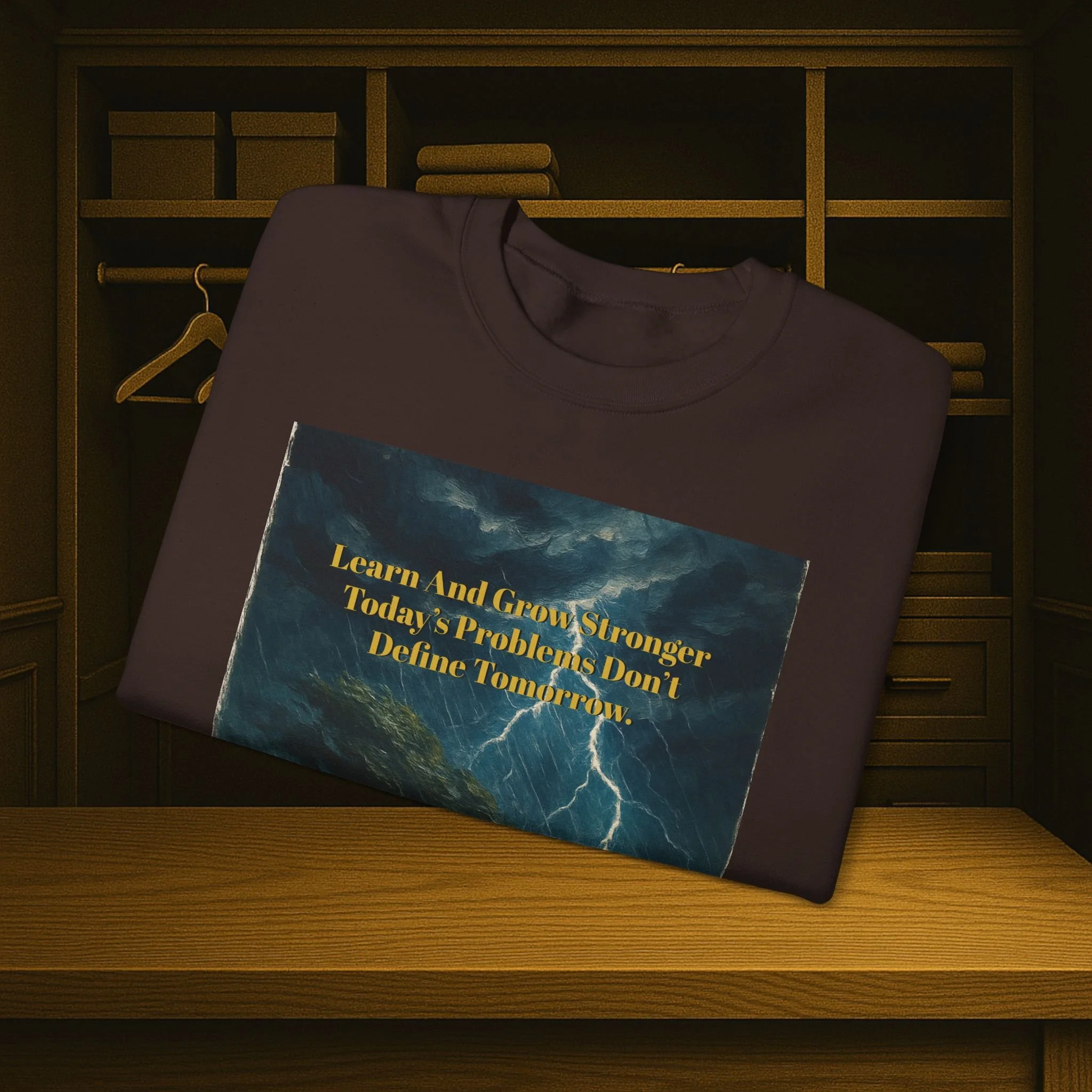 Unisex crewneck sweatshirt reading “Learn and Grow Stronger—Today’s Problems Don’t Define Tomorrow.”