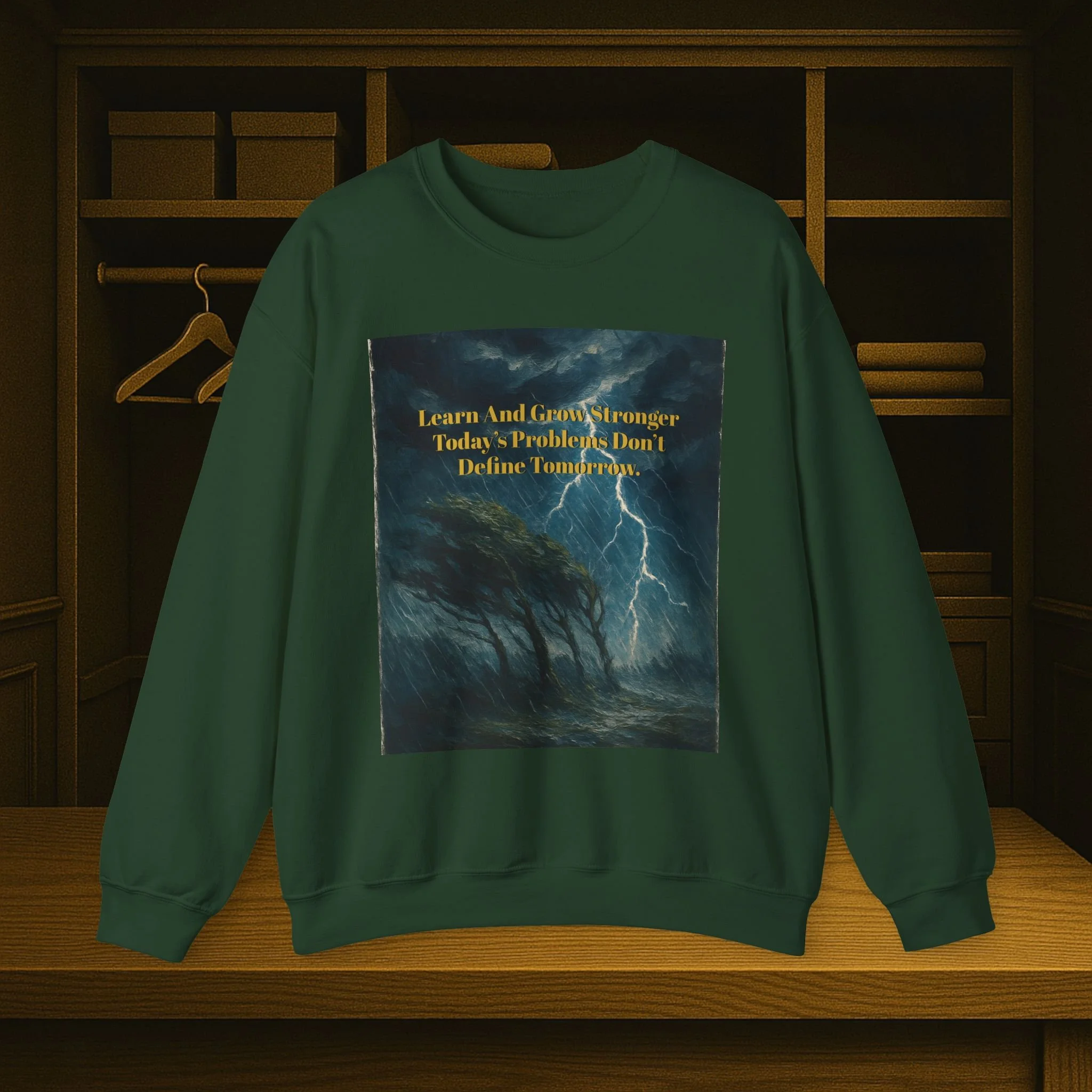 Unisex crewneck sweatshirt reading “Learn and Grow Stronger—Today’s Problems Don’t Define Tomorrow.”