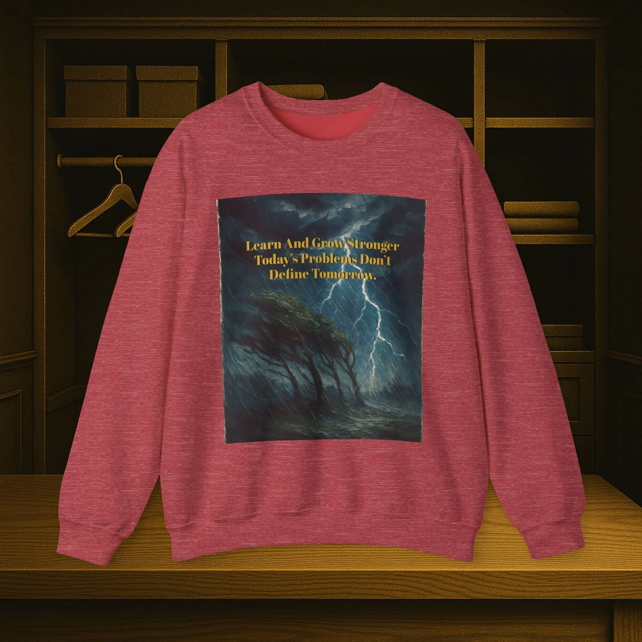 Unisex crewneck sweatshirt reading “Learn and Grow Stronger—Today’s Problems Don’t Define Tomorrow.”