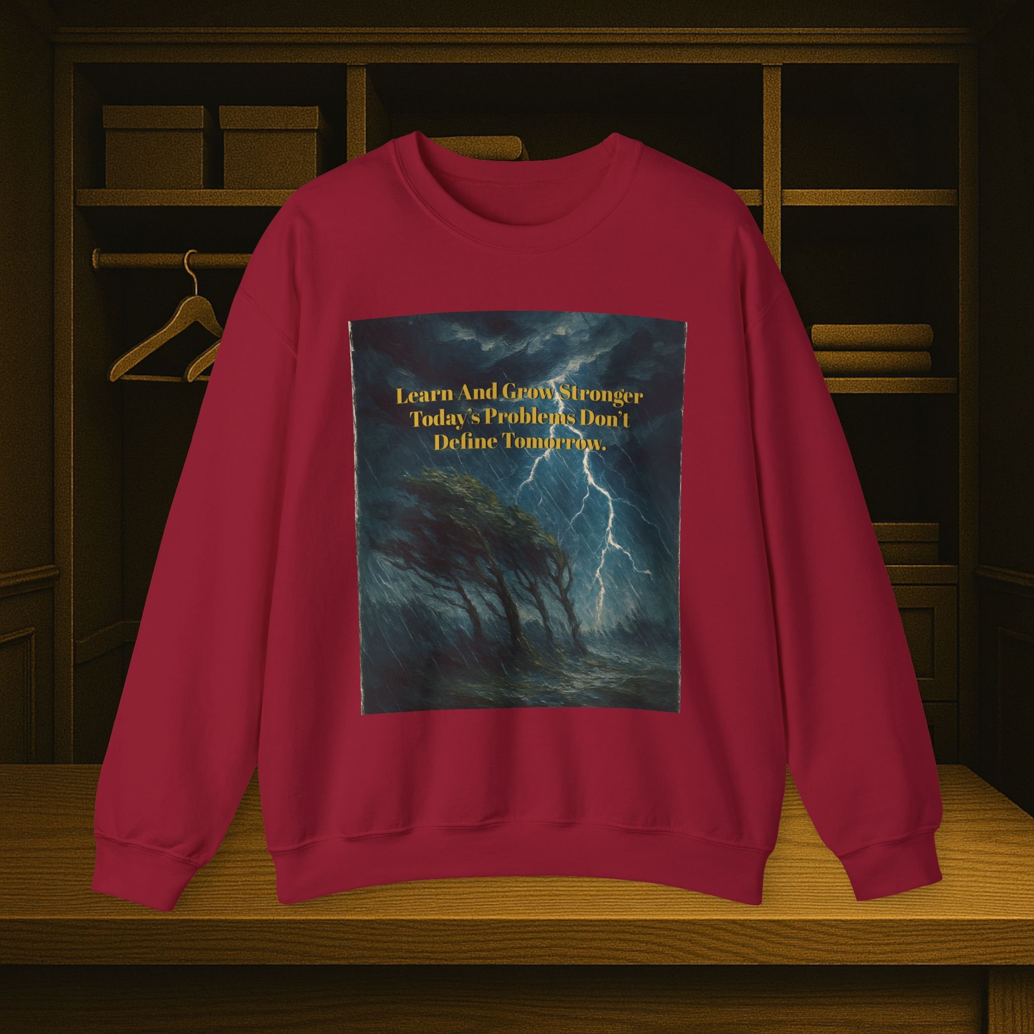 Unisex crewneck sweatshirt reading “Learn and Grow Stronger—Today’s Problems Don’t Define Tomorrow.”