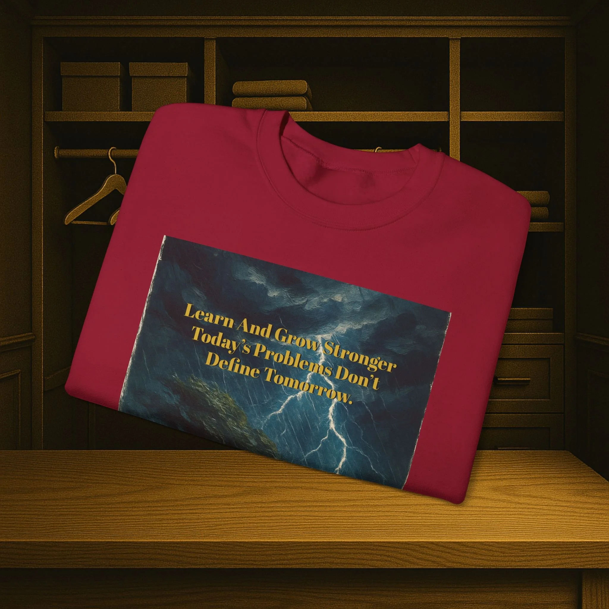 Unisex crewneck sweatshirt reading “Learn and Grow Stronger—Today’s Problems Don’t Define Tomorrow.”