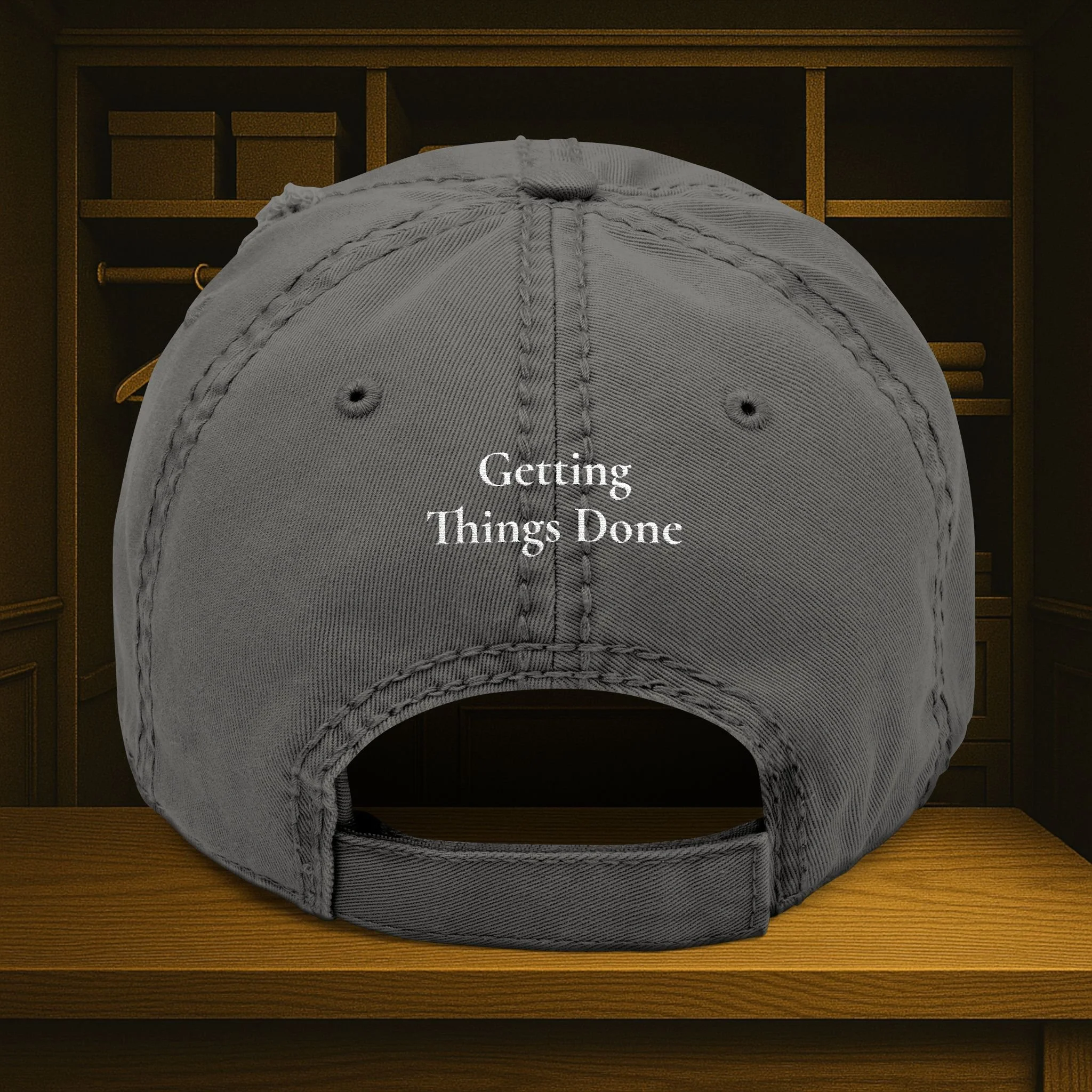 Reduce Options Increase Action embroidered distressed dad hat — low-profile unstructured cotton cap with adjustable hook-and-loop closure.