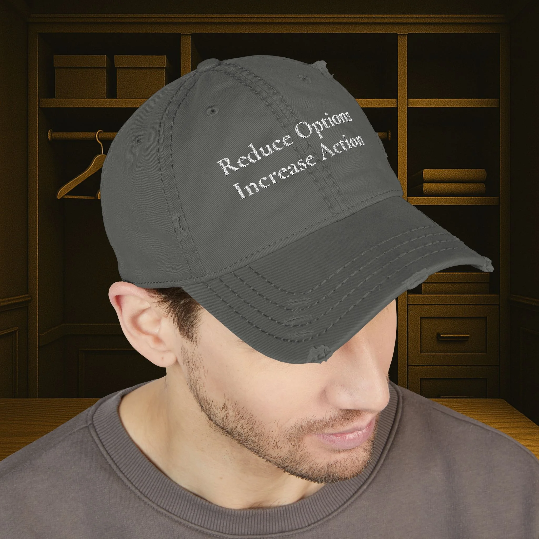 Reduce Options Increase Action embroidered distressed dad hat — low-profile unstructured cotton cap with adjustable hook-and-loop closure.