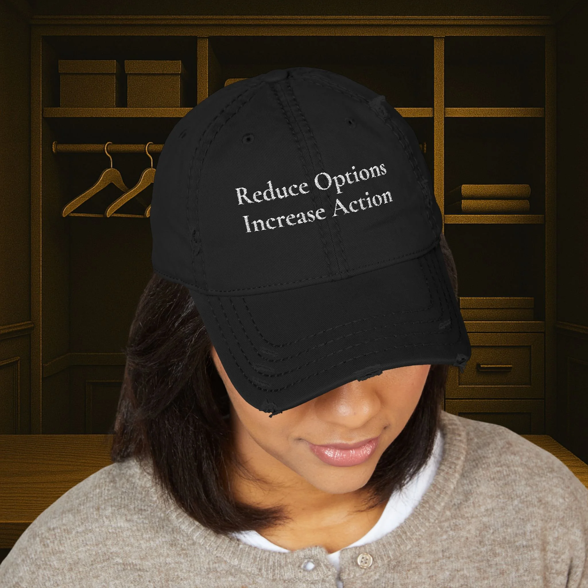 Reduce Options Increase Action embroidered distressed dad hat — low-profile unstructured cotton cap with adjustable hook-and-loop closure.